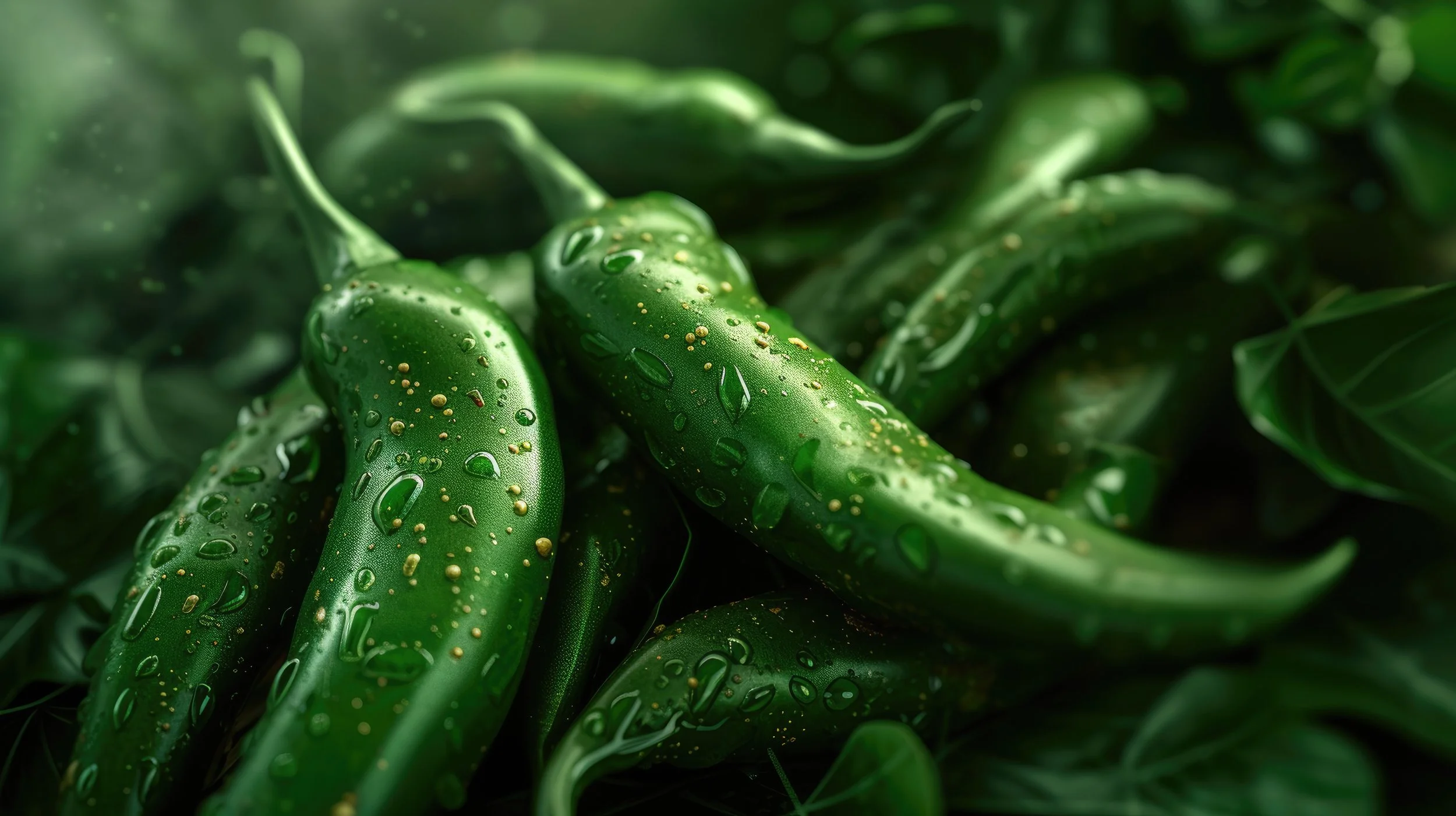 Close-up of fresh green chili peppers with water droplets, surrounded by green leaves.