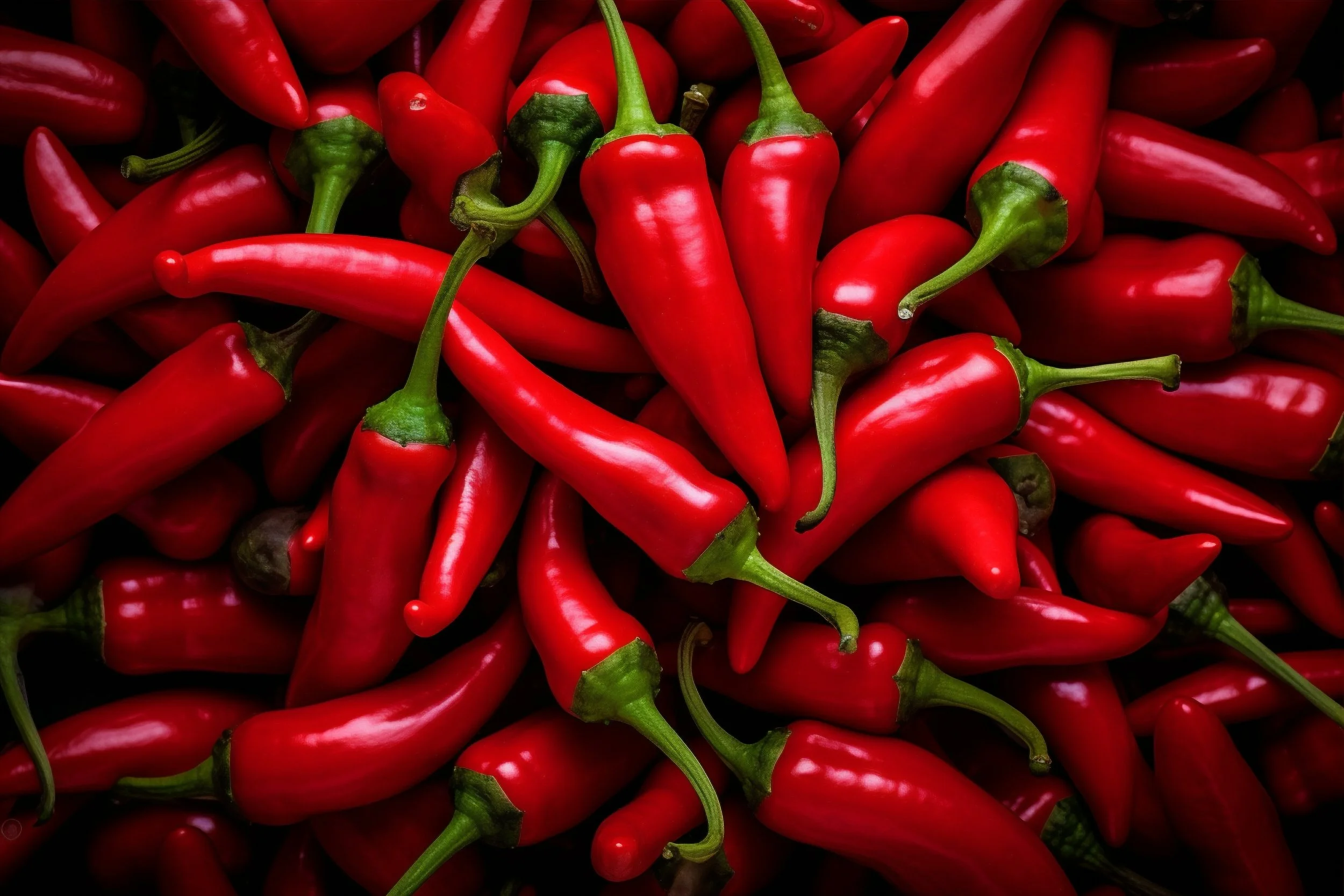 A close-up of numerous fresh red chili peppers with green stems, arranged in a pile.