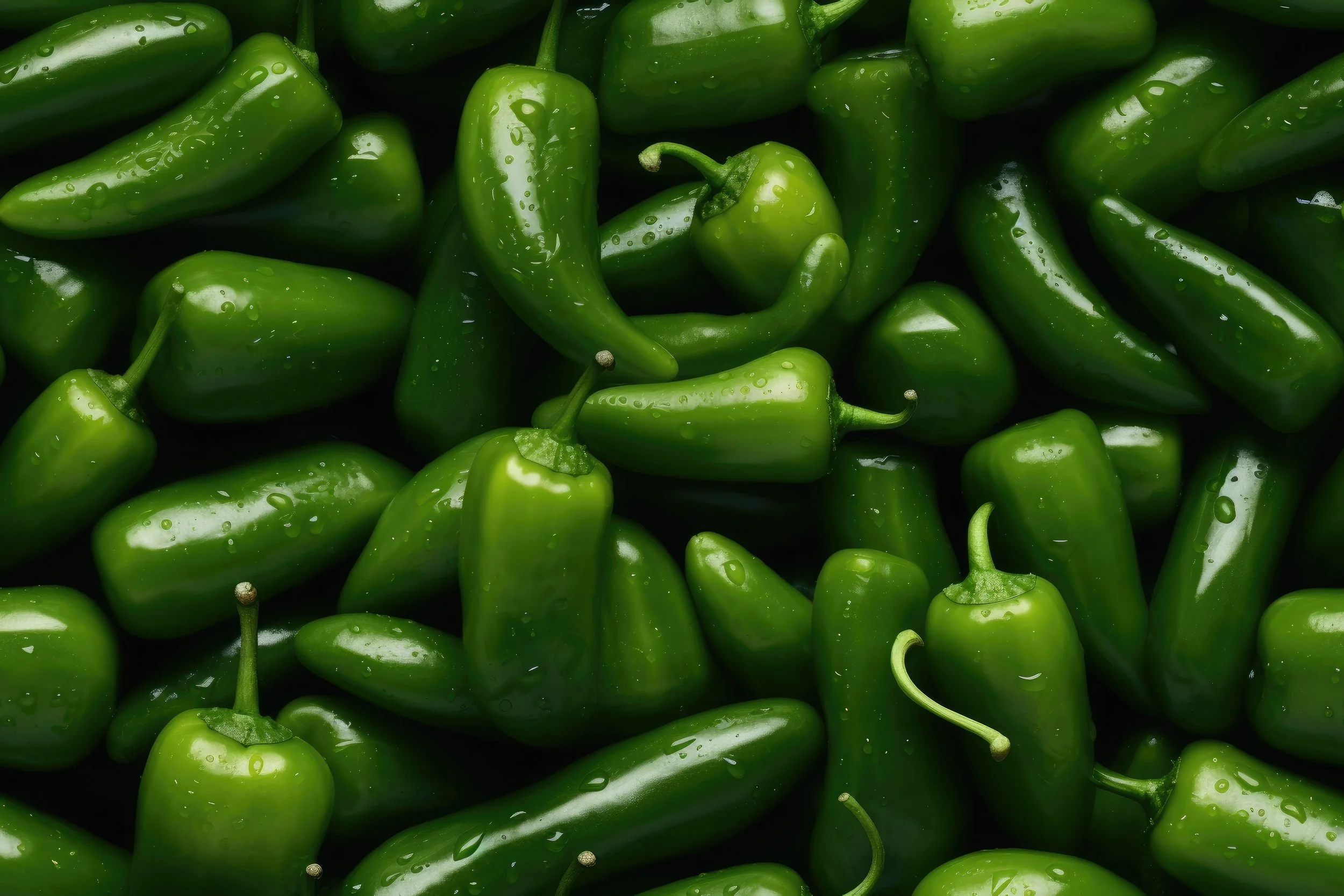 A close-up of fresh green jalapeño peppers with water droplets on their surface.