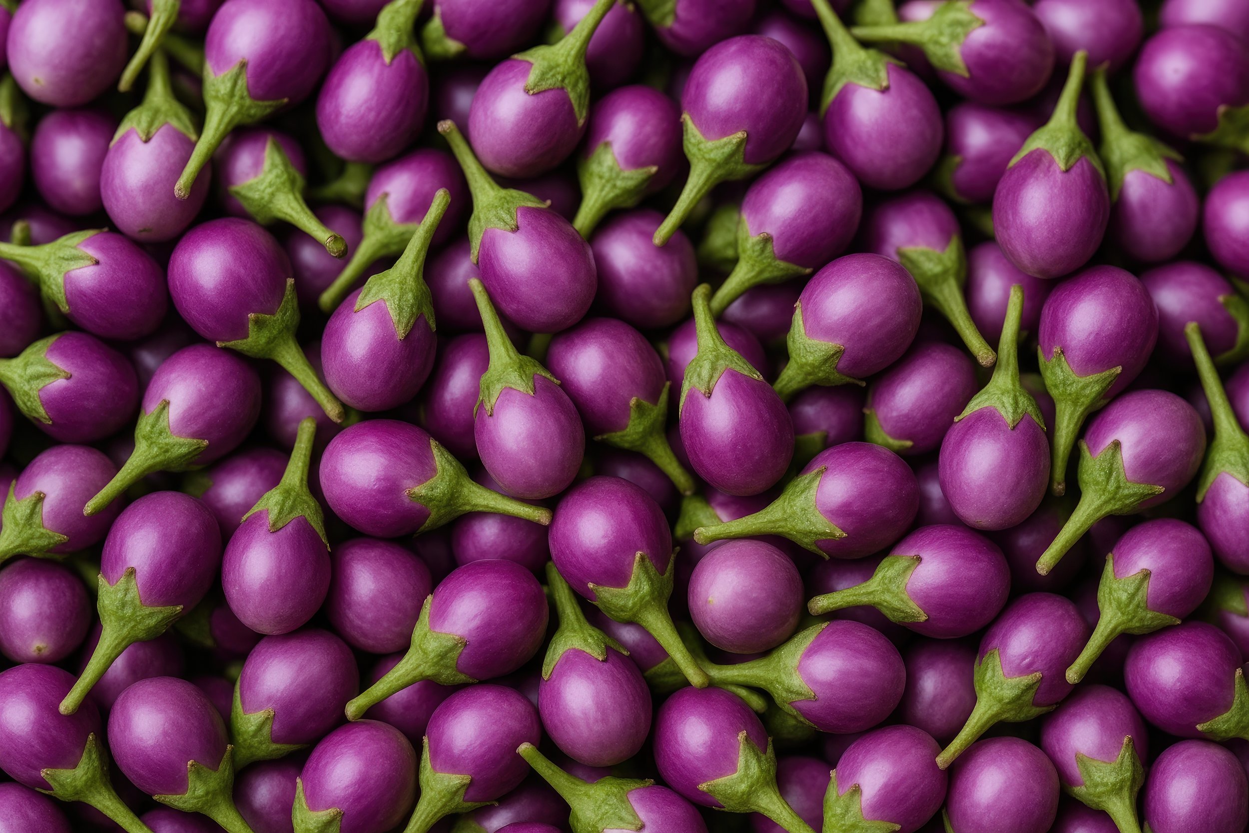 Close-up of small, purple eggplants with green stems.