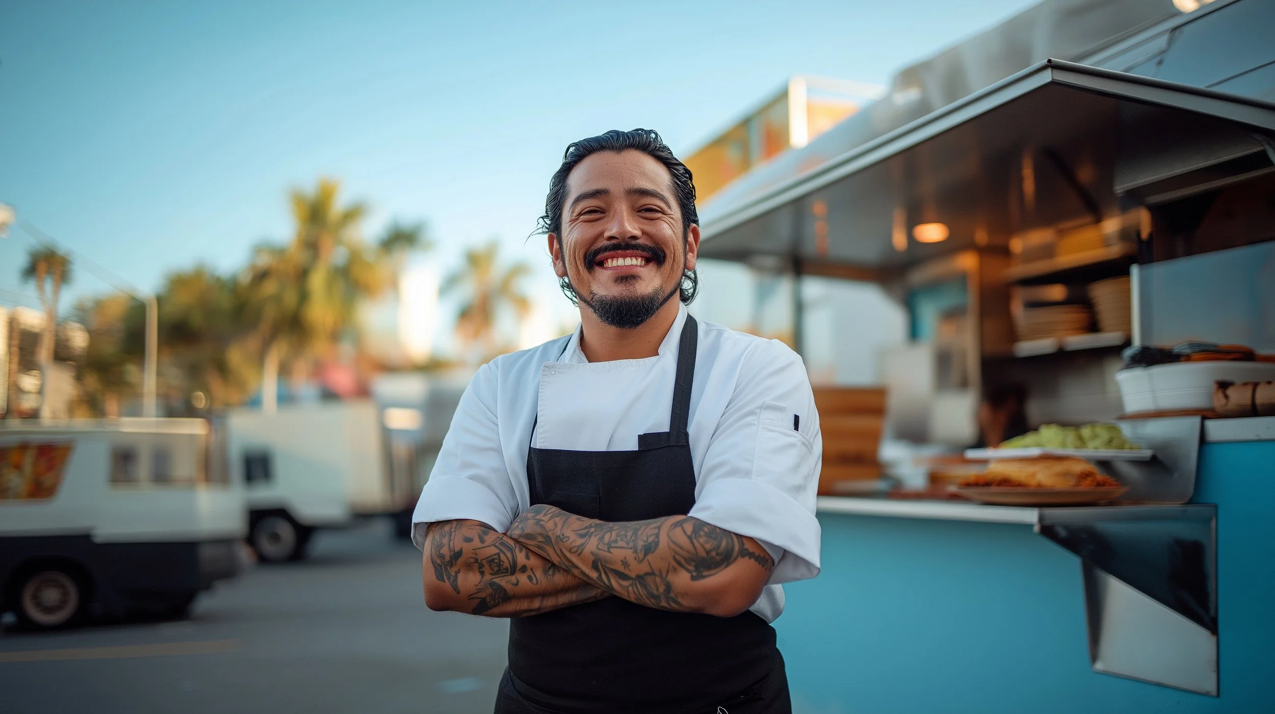Smiling male chef with tattoos on arms standing outdoors at food truck, wearing white chef's coat and black apron, with food and palm trees in background.