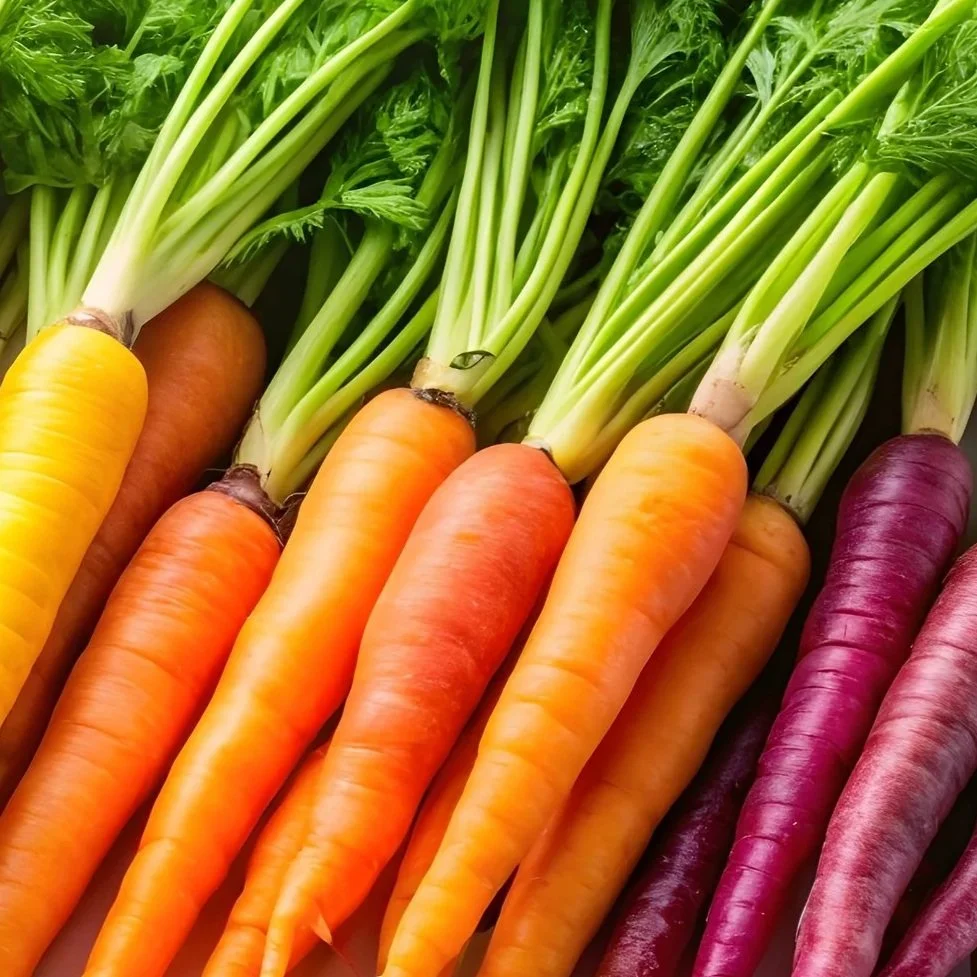 Assorted carrots with green leafy tops displayed together, including yellow, orange, purple, and brown varieties.