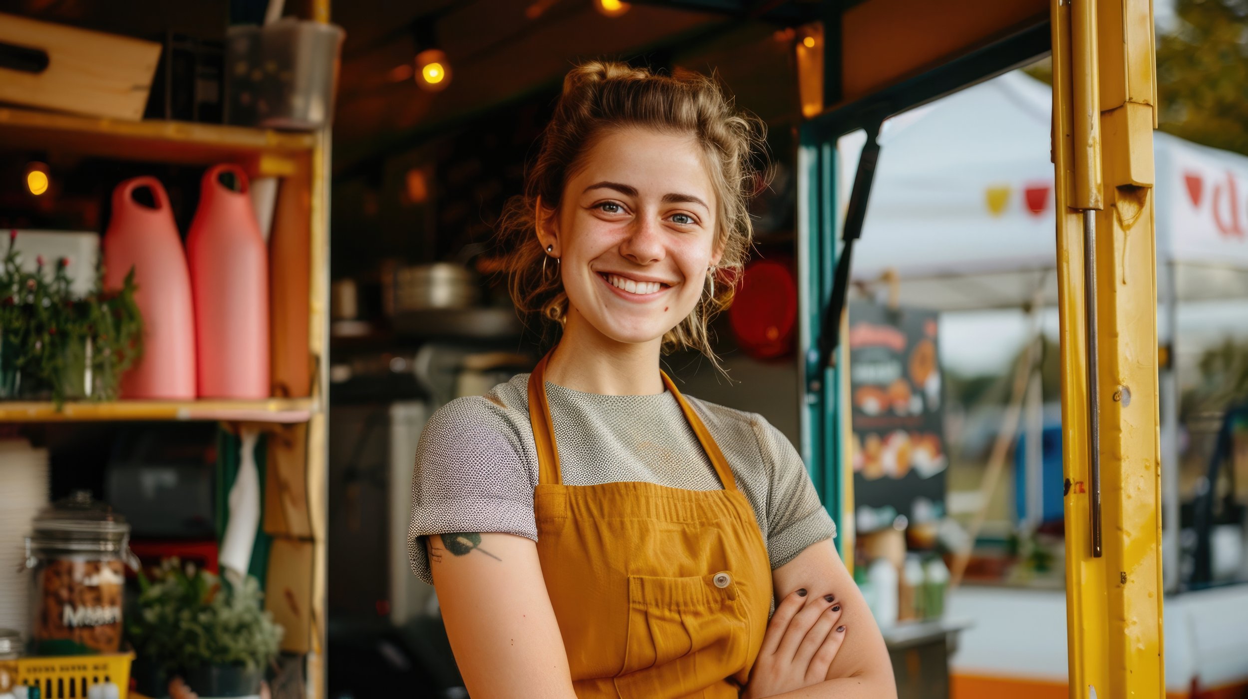 Smiling young woman working at a food truck or outdoor market, wearing a mustard-colored apron, with shelves of pink bottles and food items in the background.
