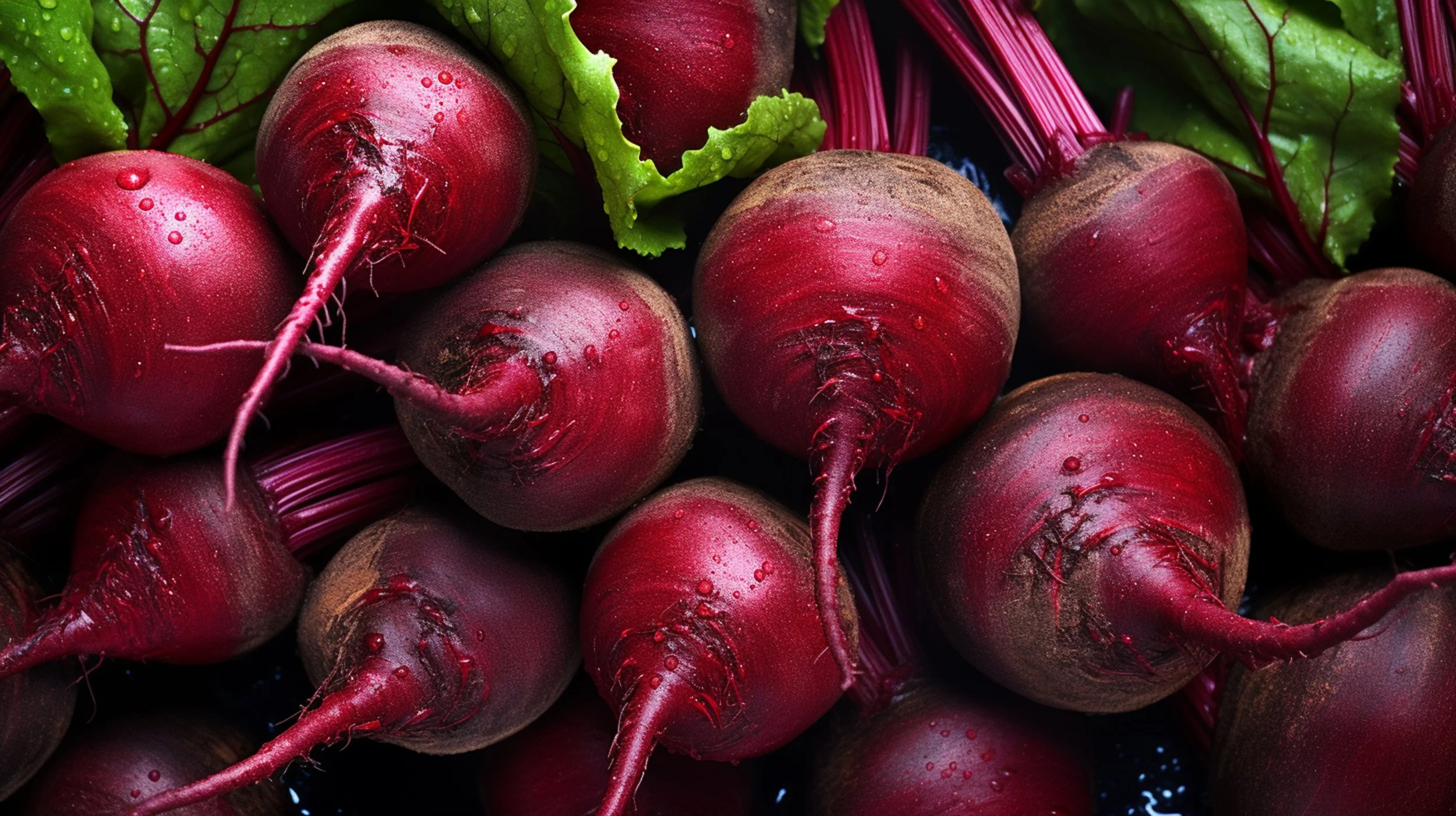 Freshly harvested red radishes with green leaves, some with water droplets on them.