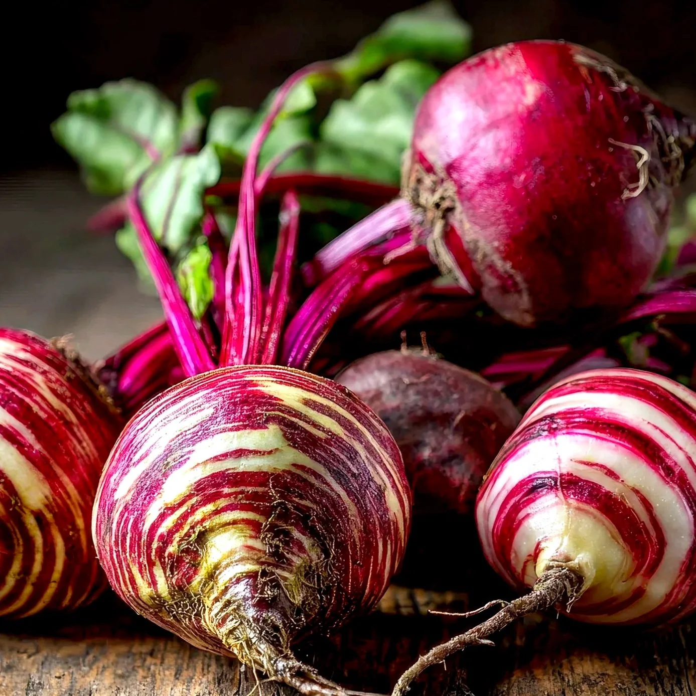 Close-up of colorful radishes with green leaves, some with pink and white stripes on a rustic wooden surface.