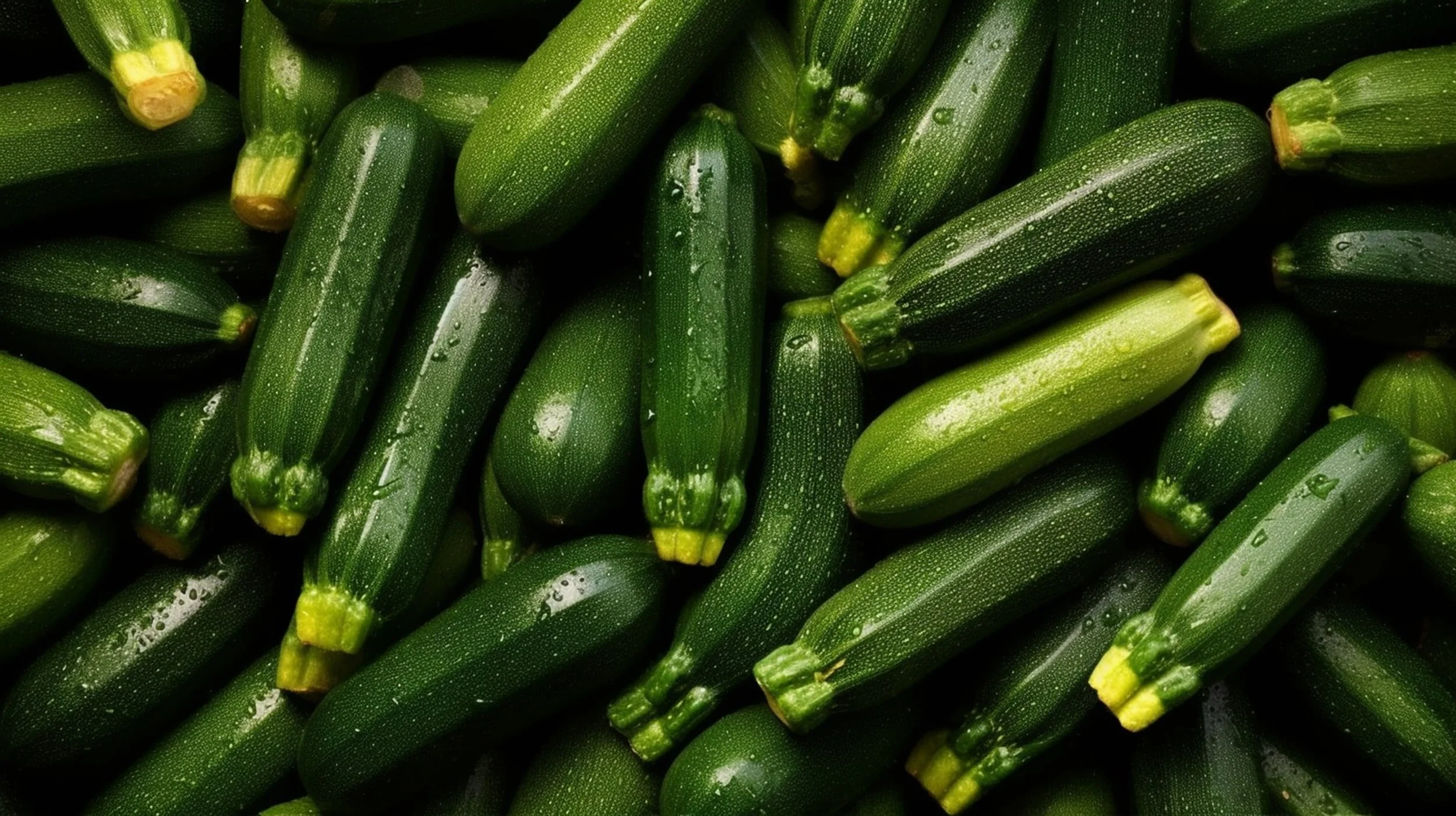 Fresh zucchinis with water droplets, fresh green zucchini vegetables stacked together.