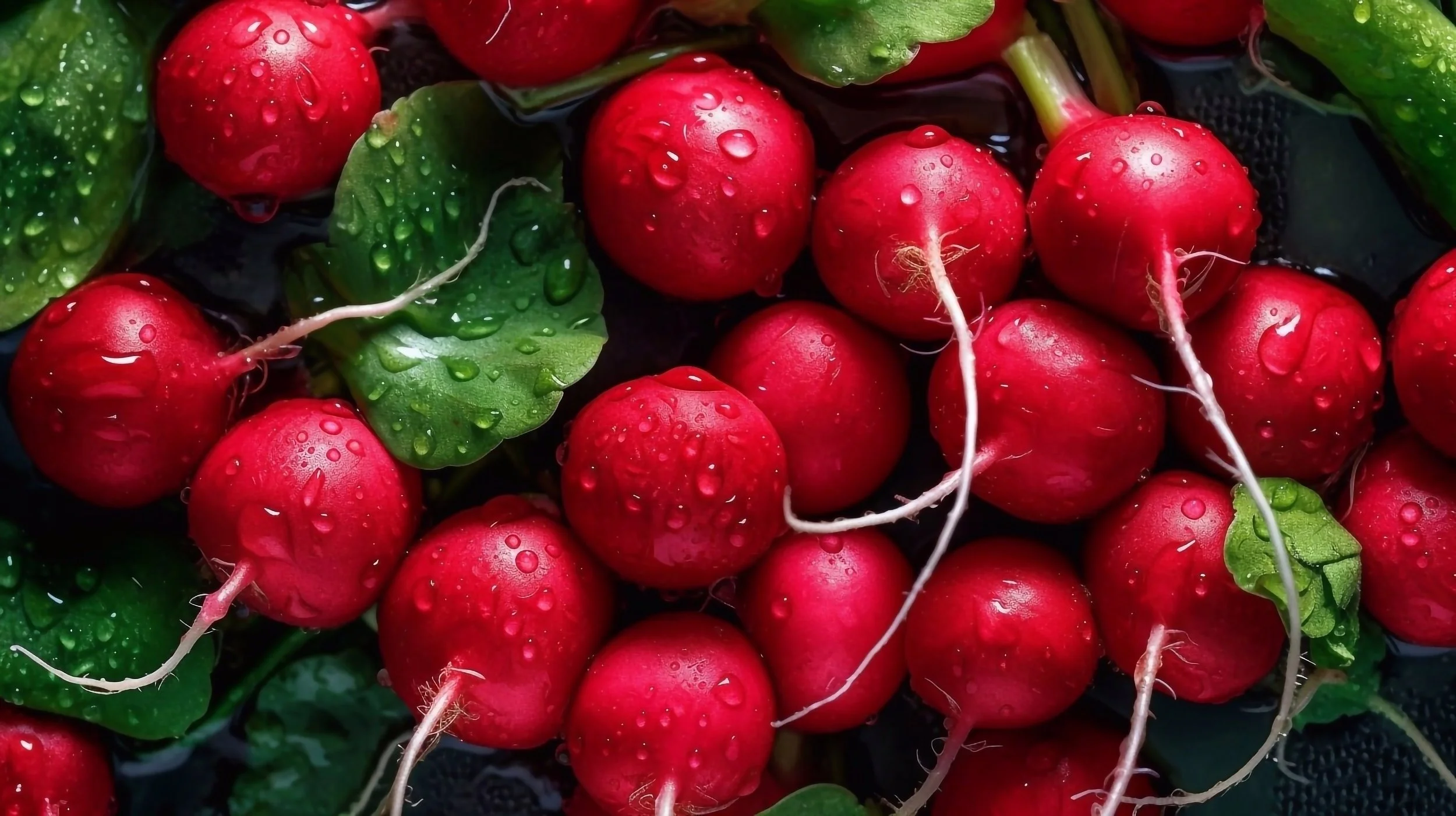Fresh radishes with green leaves and water droplets on their surface, some with roots attached.