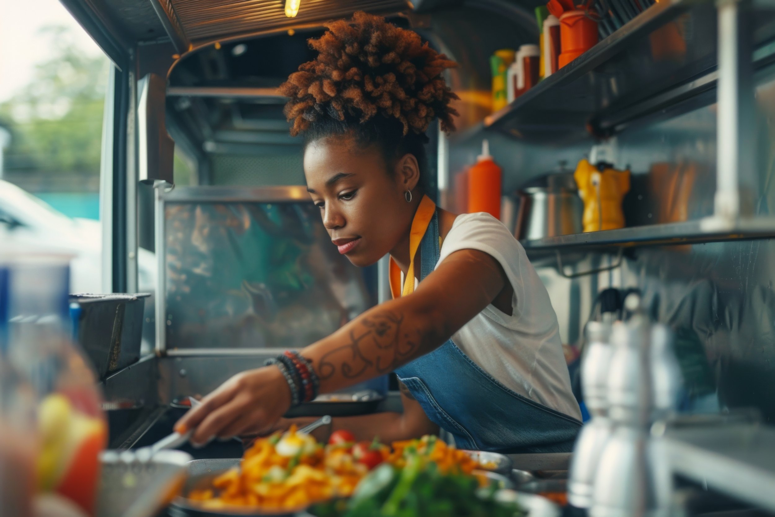 A woman working in a food truck preparing a colorful dish with vegetables, wearing an apron and focusing on her task.