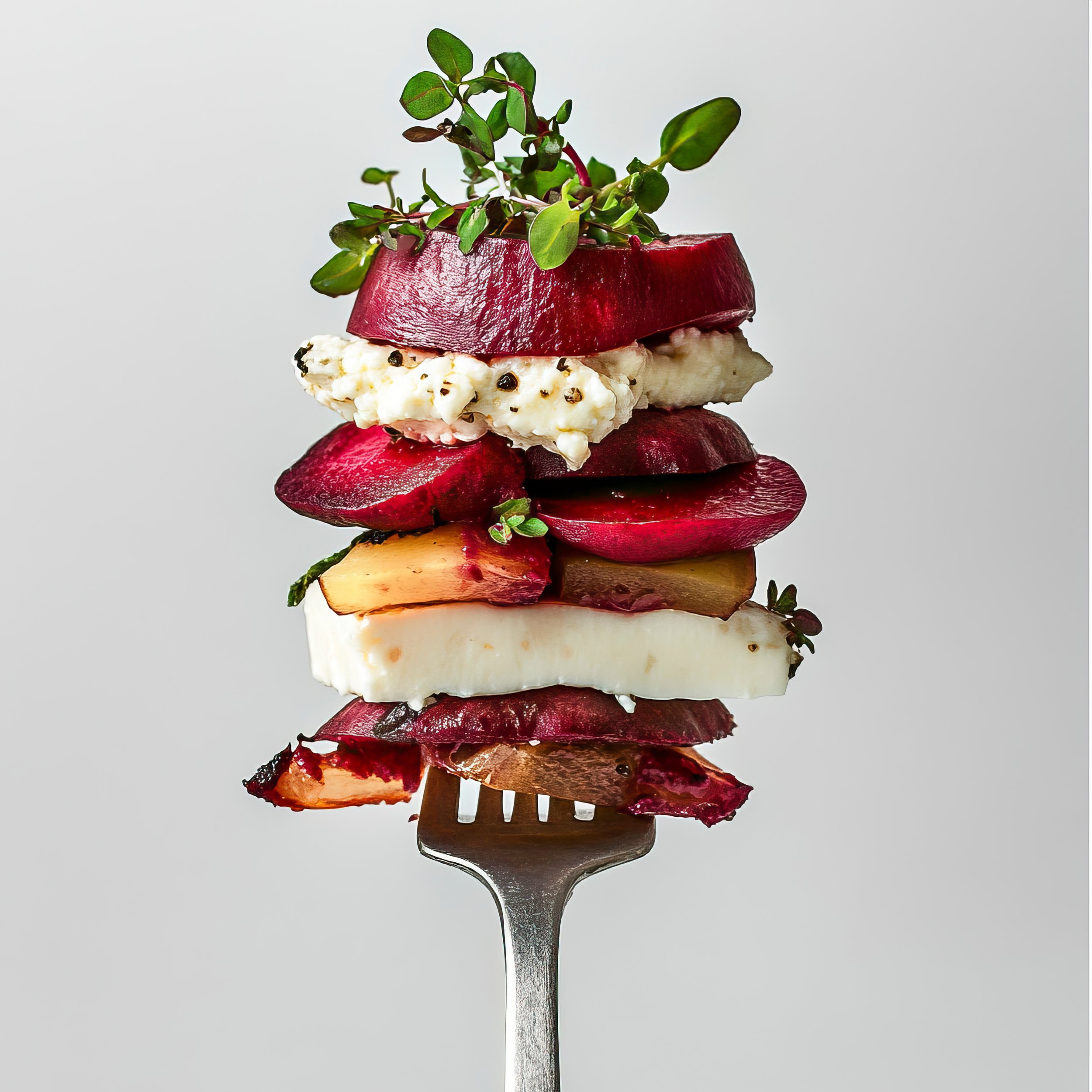 Stacked assortment of sliced fruits and cheese on a fork, including beets, grapes, and microgreens, against a plain background.