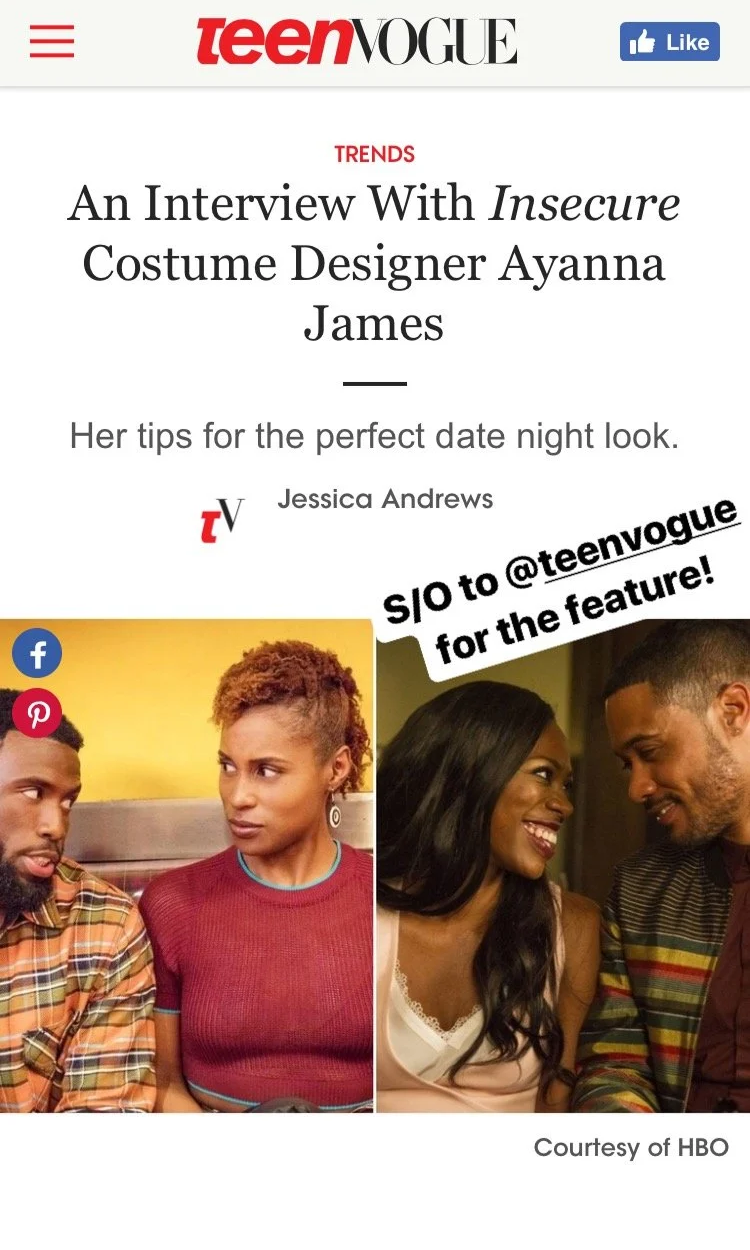 Screenshot of a Teen Vogue online article titled "An Interview With Insecure Costume Designer Ayanna James" by Jessica Andrews, featuring photos of two black couples; one sitting and engaging in conversation, and the other smiling and looking at each