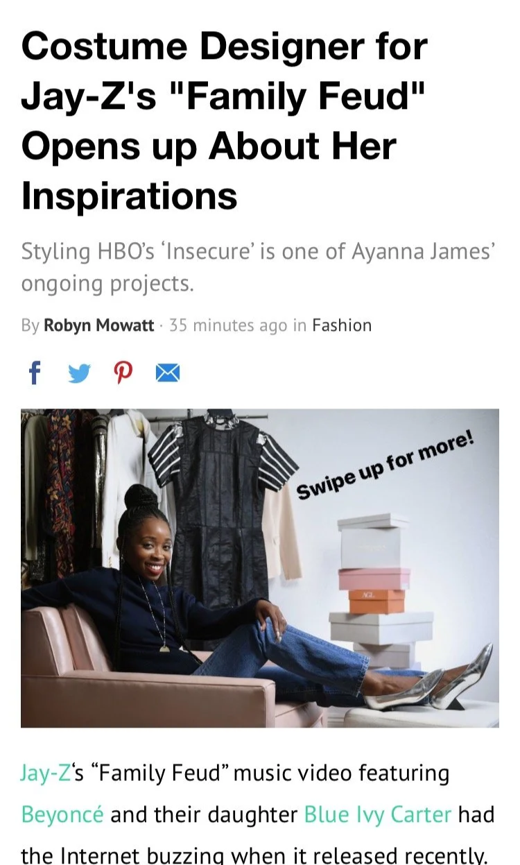A woman sitting on a sofa smiling, surrounded by clothing and shoe boxes, with the text 'Swipe up for more!'