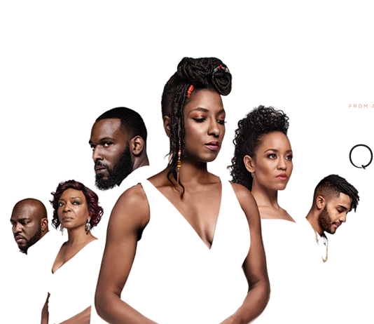 Group of five Black individuals with serious expressions against a white background, positioned in a staggered arrangement.