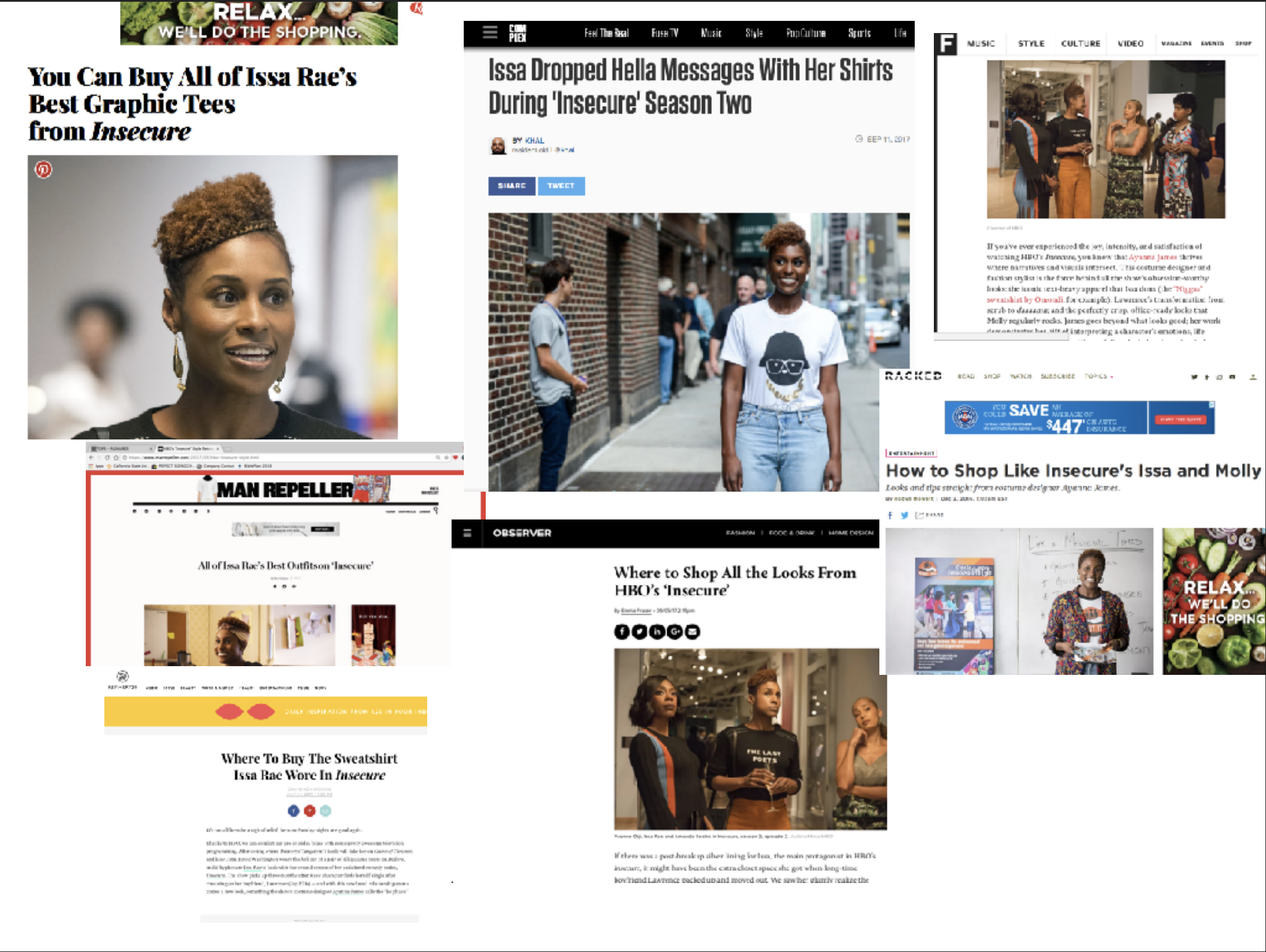 Collage of screenshots from various articles and websites related to Issa Rae, showcasing her fashion and style, including images of her in different outfits and discussing her wardrobe choices.
