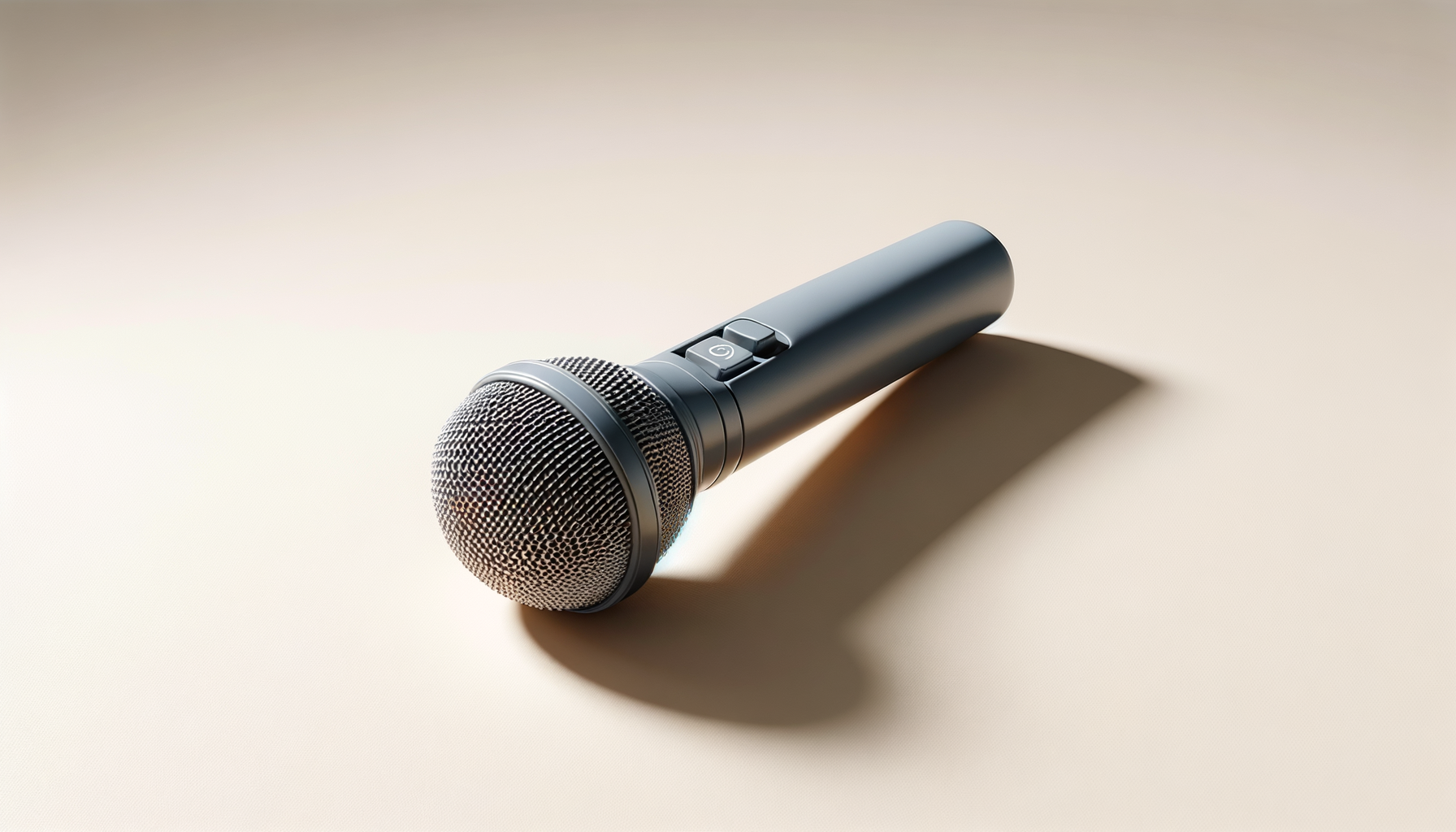 Black handheld microphone lying on a flat surface with soft shadow.