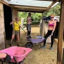 Three women outside near a wooden structure, one pushing a wheelbarrow, another in a yellow shirt holding a gardening tool, and the third in a pink shirt and sunglasses standing with a trowel.