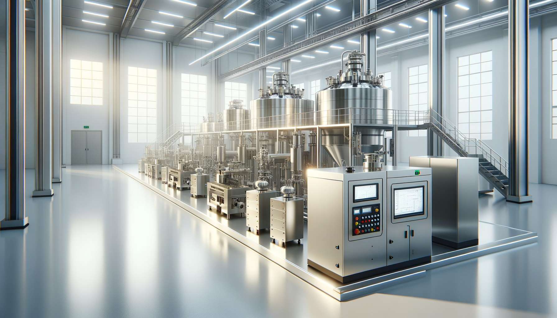 A modern, high-tech industrial factory with large stainless steel machinery and equipment, bright natural lighting from tall windows, and a clean, organized environment.