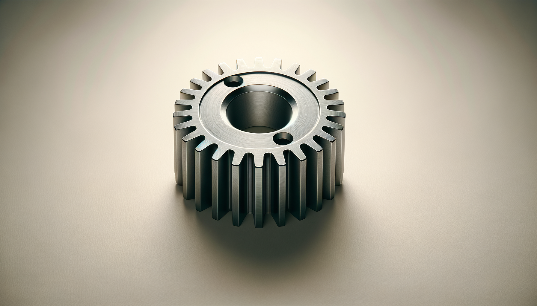 Close-up of a metallic gear with evenly spaced teeth on a plain surface.