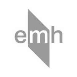 Logo with the letters 'emh' in lowercase, split by a diagonal line