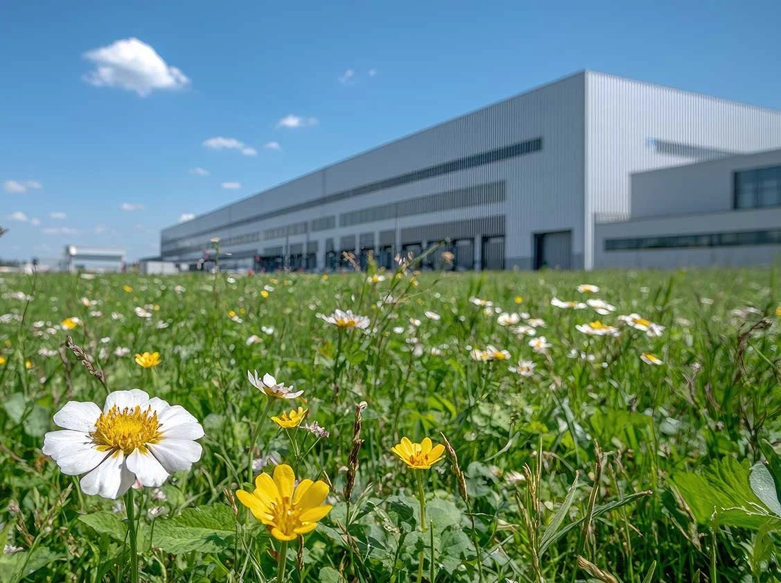A large industrial warehouse building with loading docks, seen from a low angle in a grassy area with daisies and yellow flowers under a blue sky with some clouds.