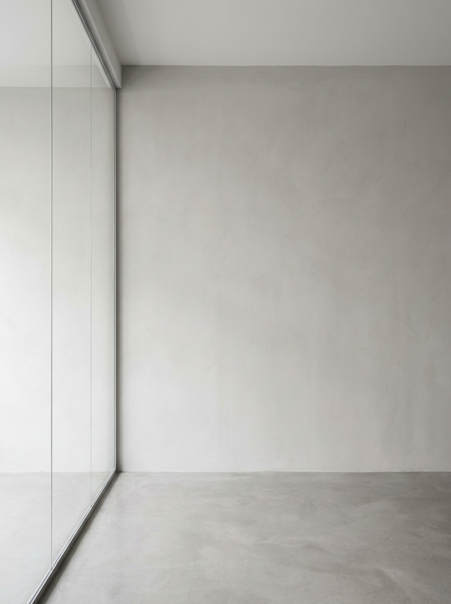 Mur blanc avec une grande miroir en verre sur le côté gauche de la photo