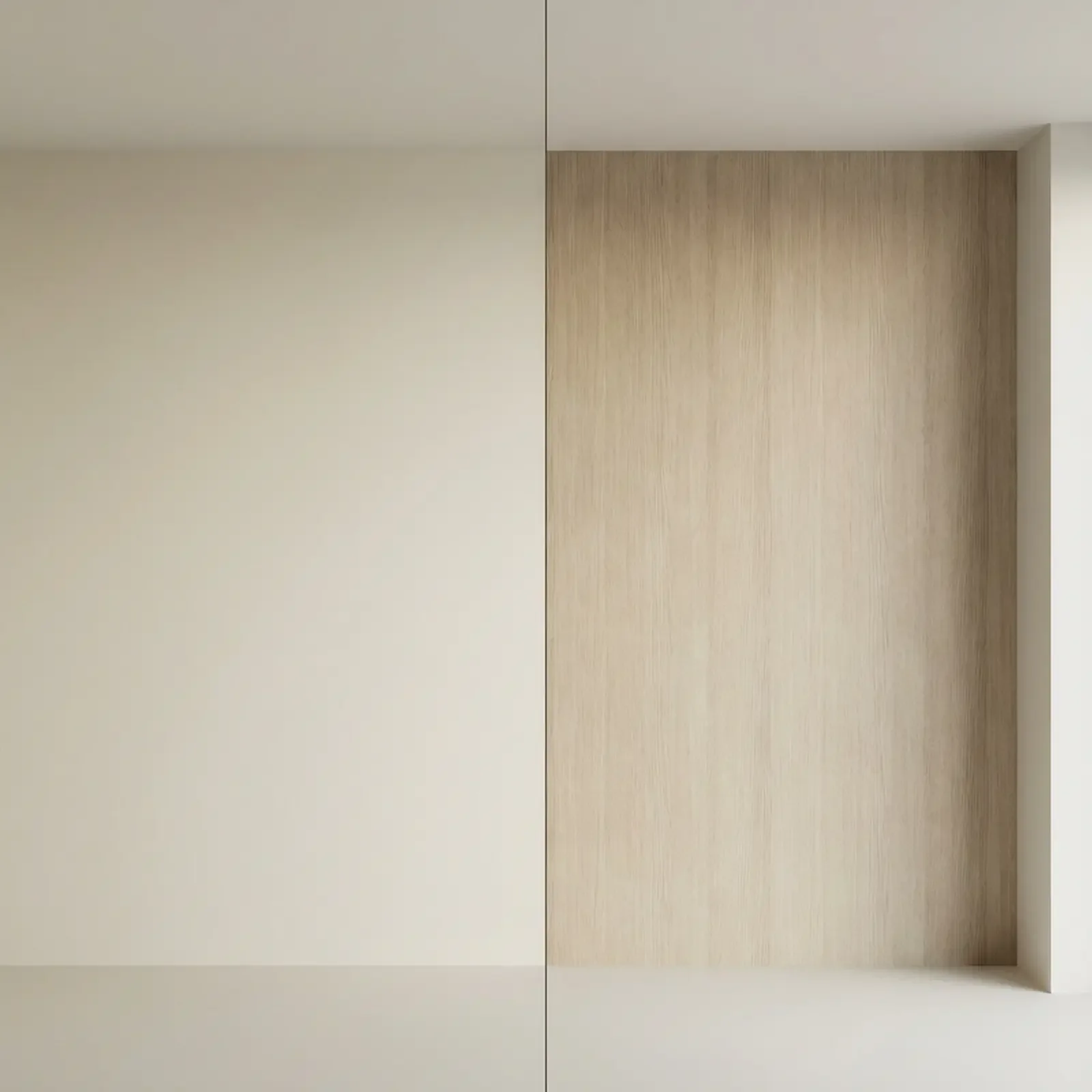 Une transition entre deux murs, un en beige clair et l'autre en bois clair, dans une pièce moderne