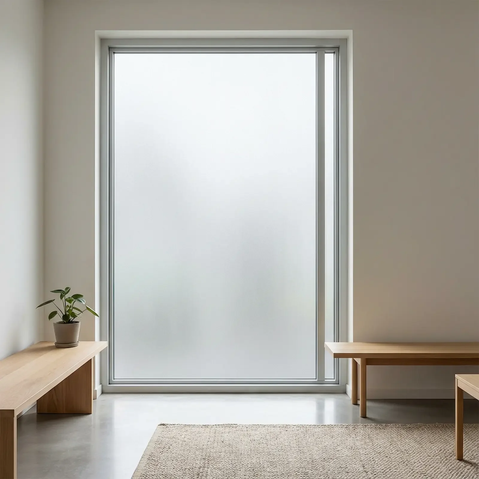 Fenêtre en verre dépoli dans une pièce lumineuse, avec des bancs en bois et une plante verte dans un pot beige.