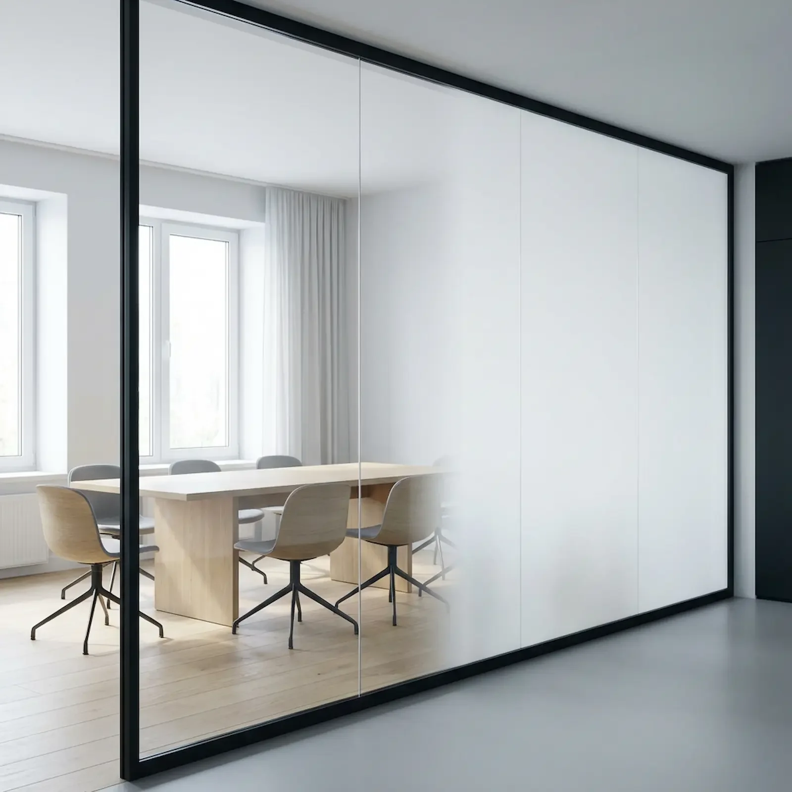 Salle de réunion avec table en bois et chaises en bois et métal, grande fenêtre avec rideaux blancs, mur blanc, sol en bois, cloison en verre opaque partiellement translucide.