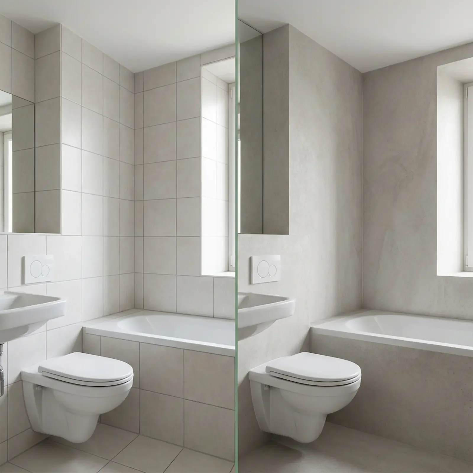 Comparaison entre une salle de bain avec carrelage blanc et une salle de bain avec mur lisse beige, toutes deux avec lavabo, toilette et baignoire près d'une fenêtre.
