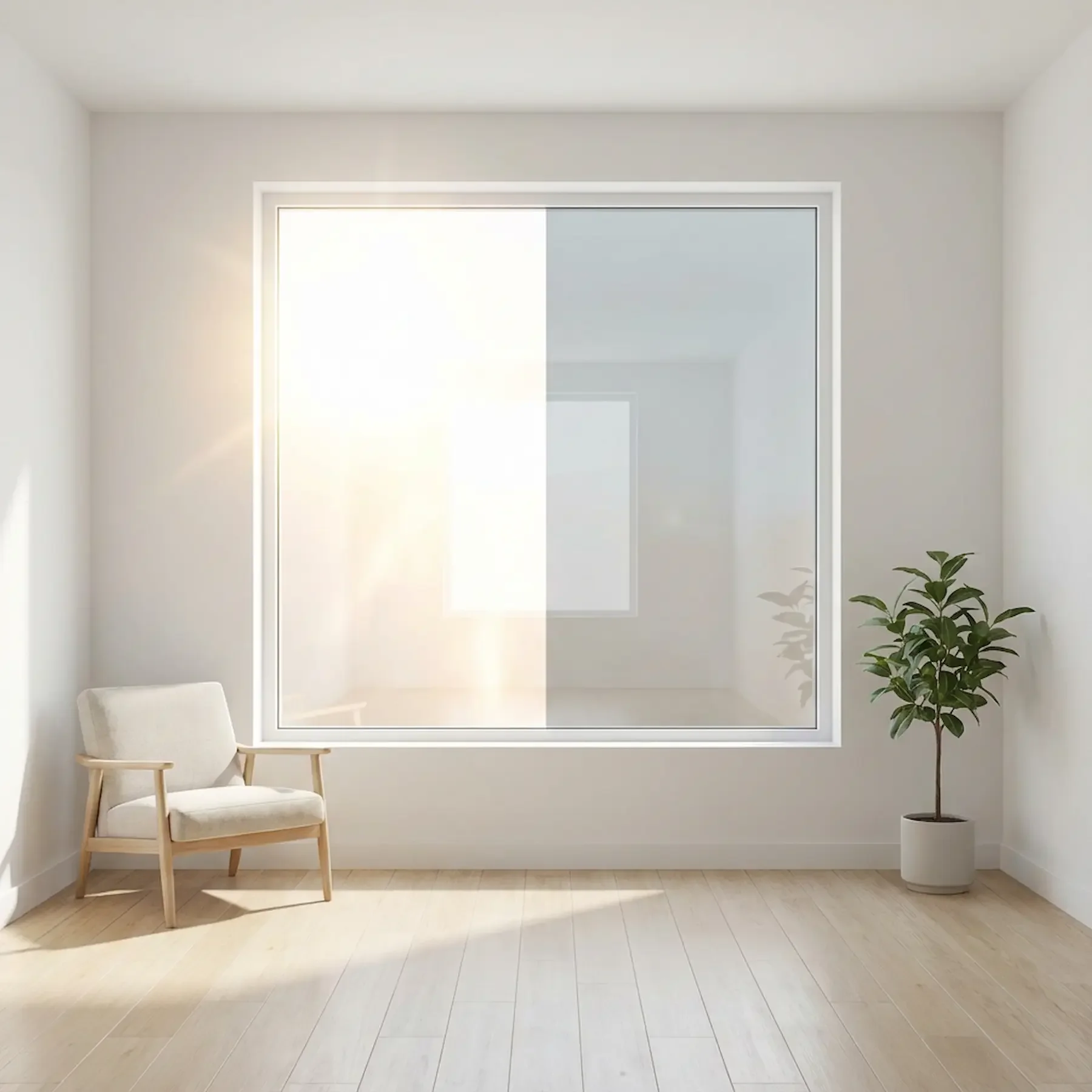 Salon minimaliste avec une grande fenêtre en verre, un fauteuil beige et une plante d'intérieur