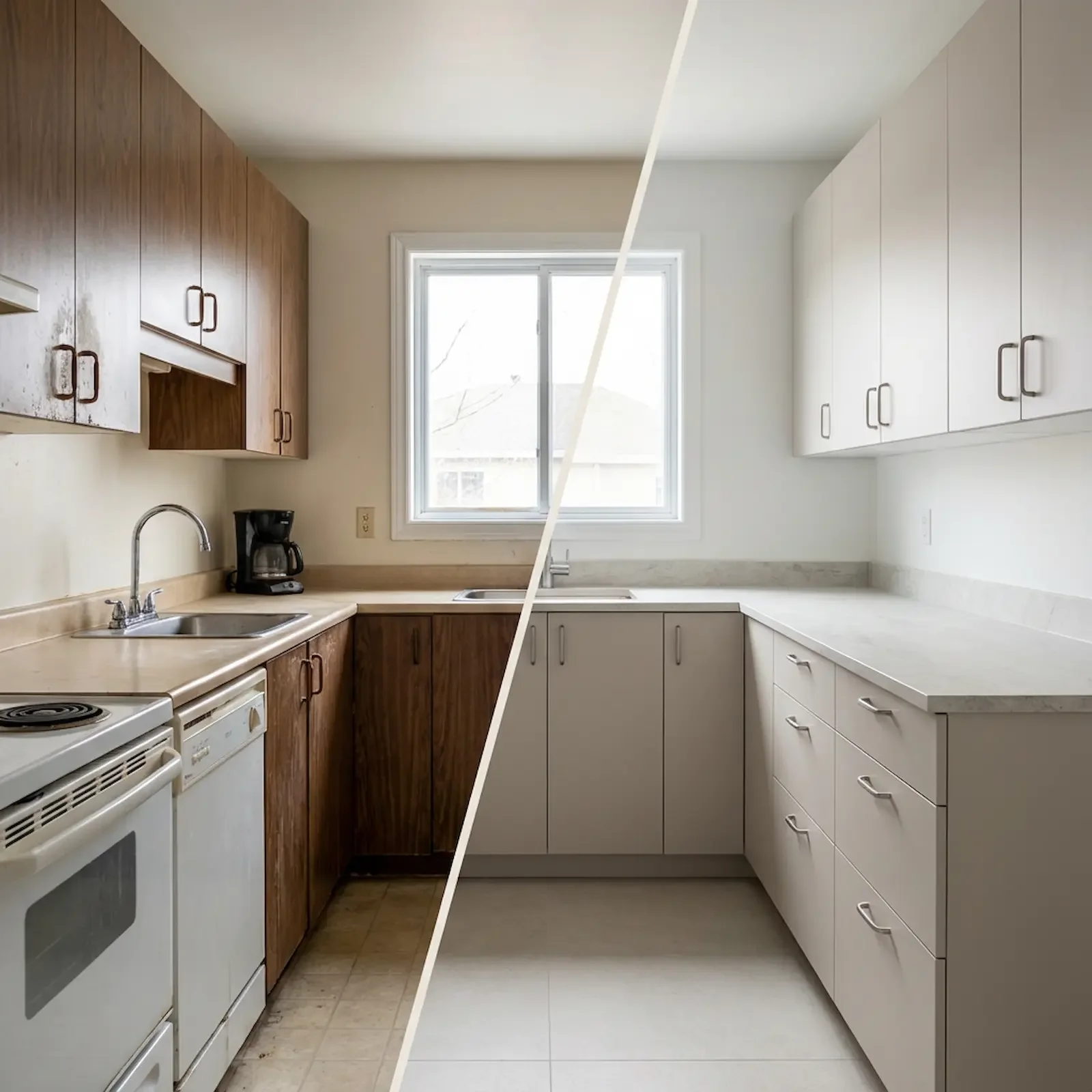 Cuisine ancienne avec bois foncé et appareils usés, côte moderne blanche avec armoires modernes et comptoir en marbre.