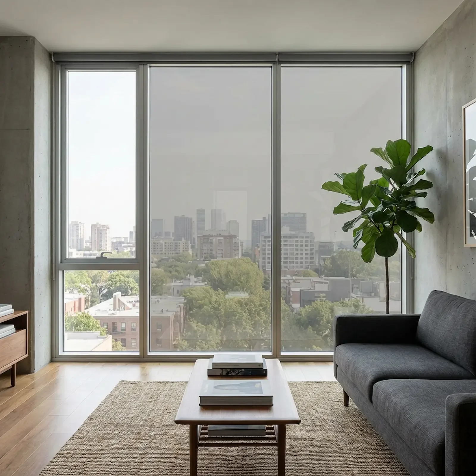 Salon moderne avec grande baie vitrée, canapé gris, table en bois avec livres, arbre d'intérieur et vue urbaine à l'extérieur