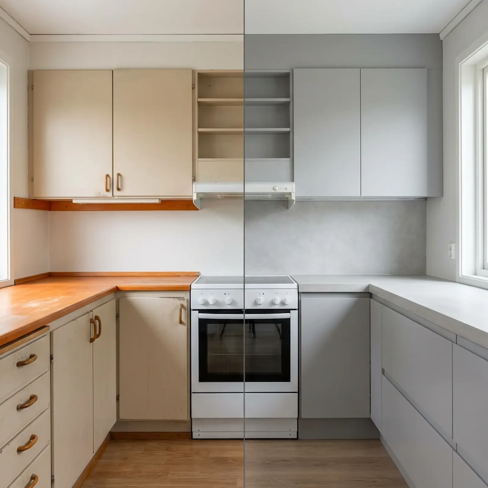 Une cuisine divisée en deux, à gauche une cuisine ancienne avec des armoires en bois clair, des poignées en métal, et un plan de travail en bois, à droite une cuisine moderne avec des armoires grises, un plan de travail gris clair, et une surface épu