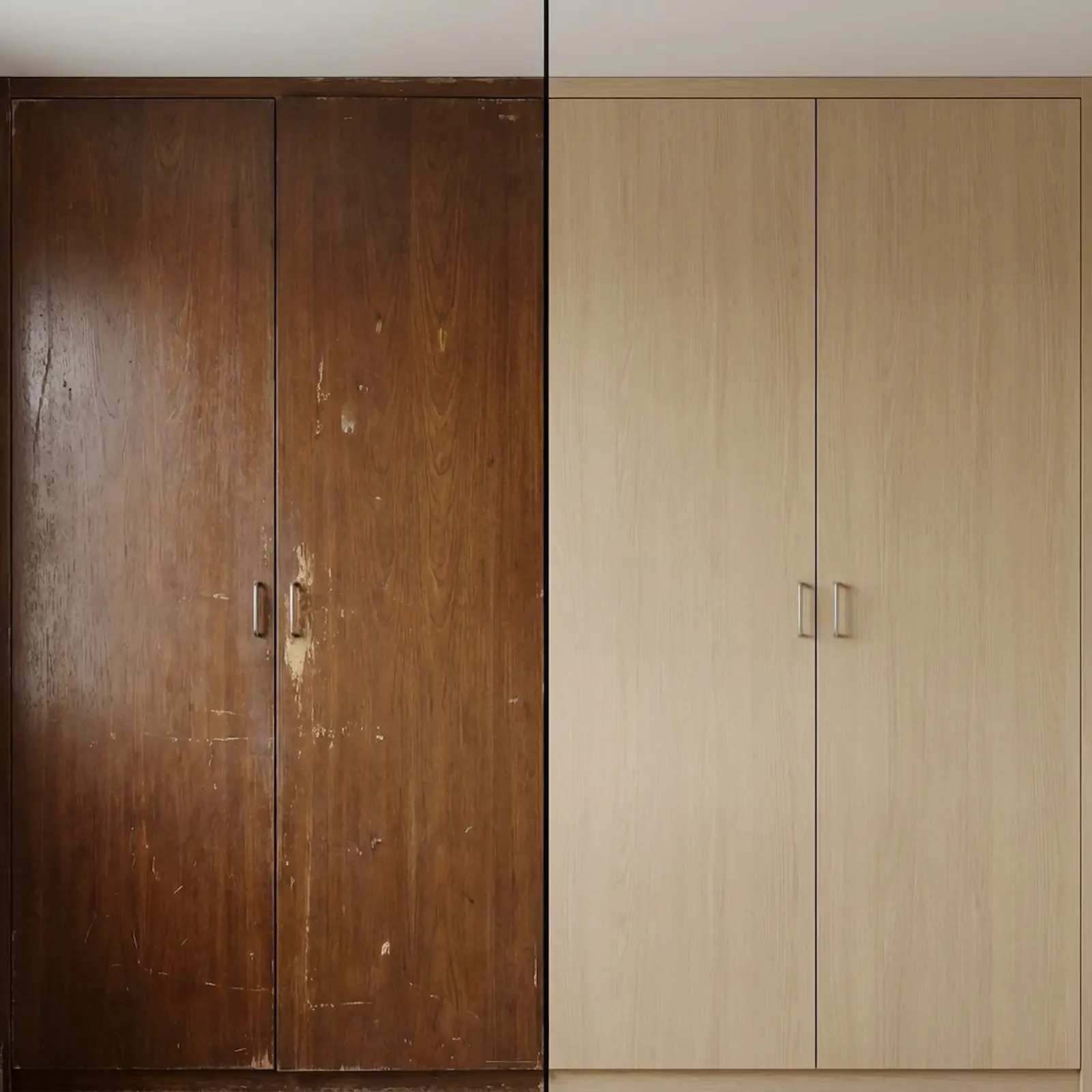 Deux meubles de rangement en bois, l'un ancien et usé, l'autre récent et en bon état.