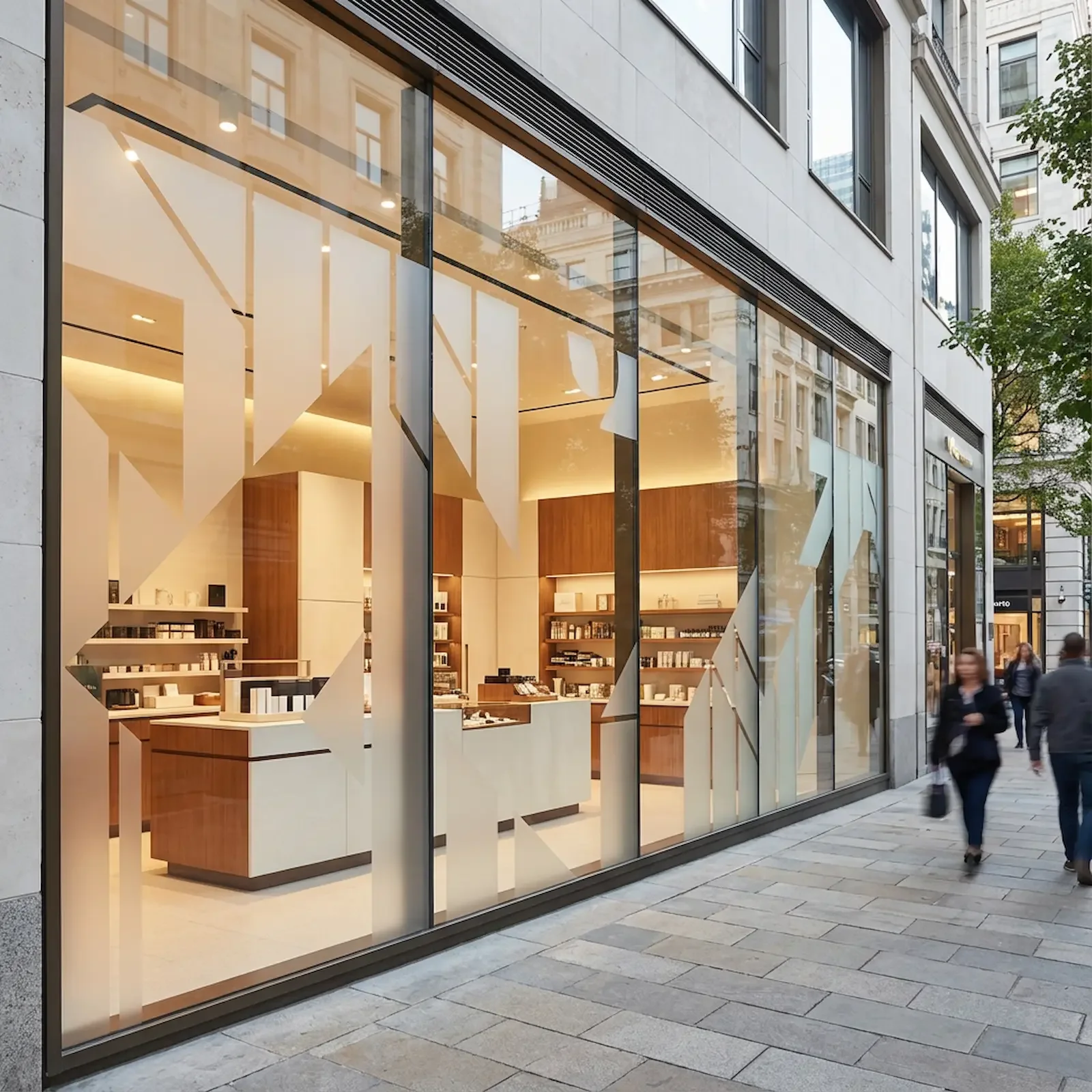 Vitrine d'une boutique moderne avec un intérieur en bois visible à travers de grandes fenêtres en verre, avec des clients marchant à l'extérieur sur le trottoir en pierre.