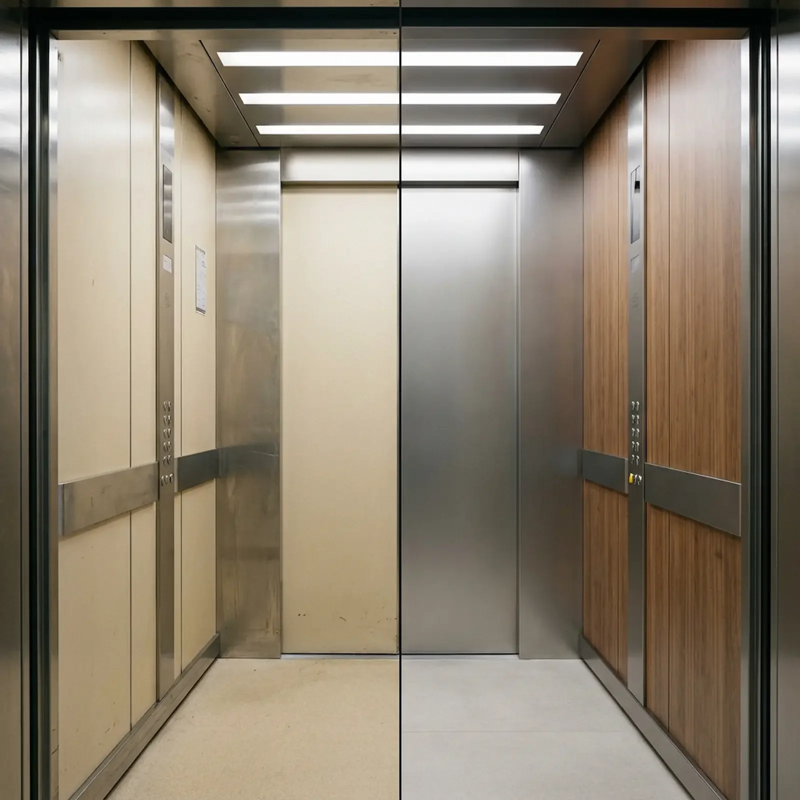 Ascenseur avec portes en bois clair et portes en métal gris, murs en bois clair et en métal, plafond avec éclairages rectangulaires.