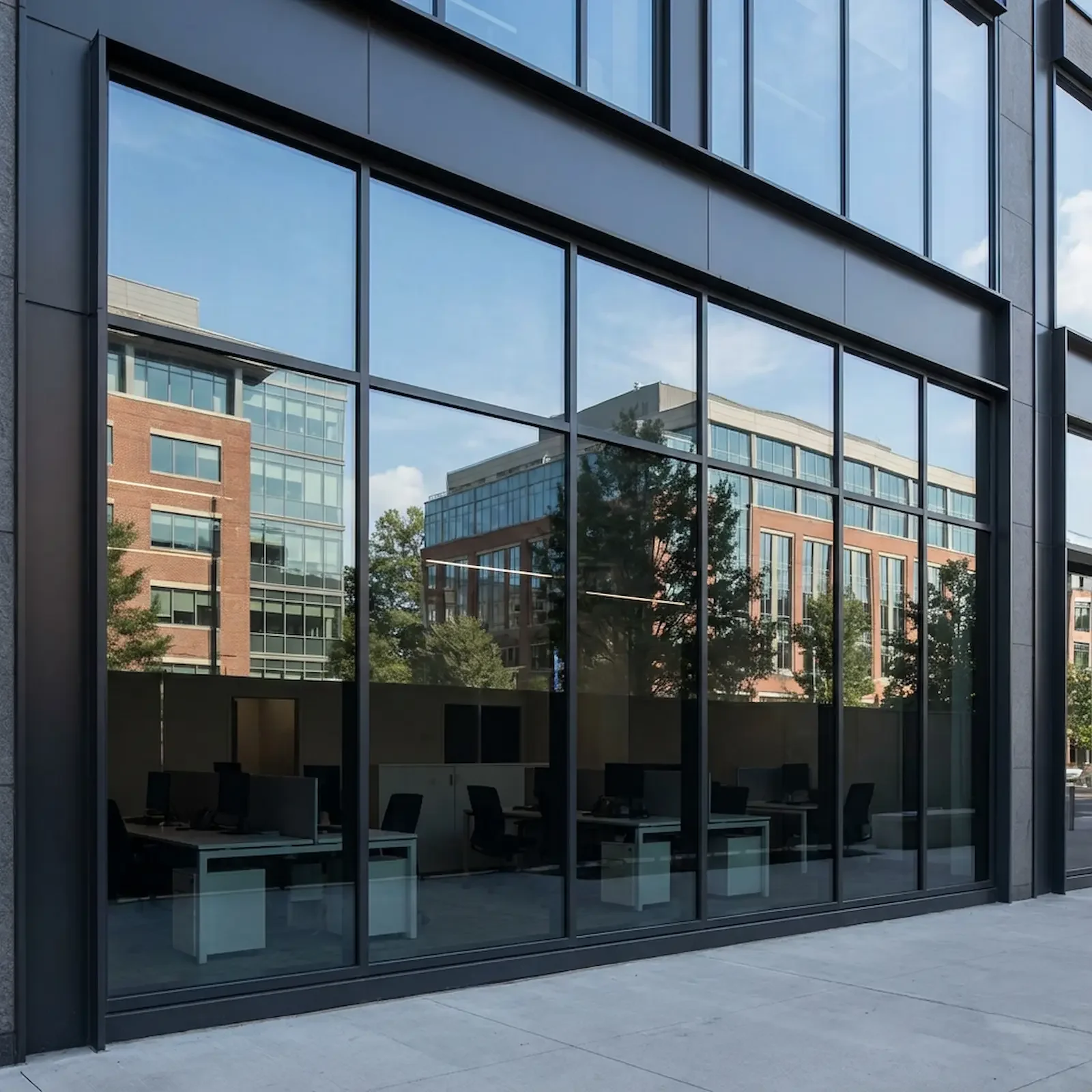 Reflet de bâtiments modernes et d'arbres dans une grande fenêtre d'un bâtiment d'entreprise, avec des bureaux intérieurs visibles.