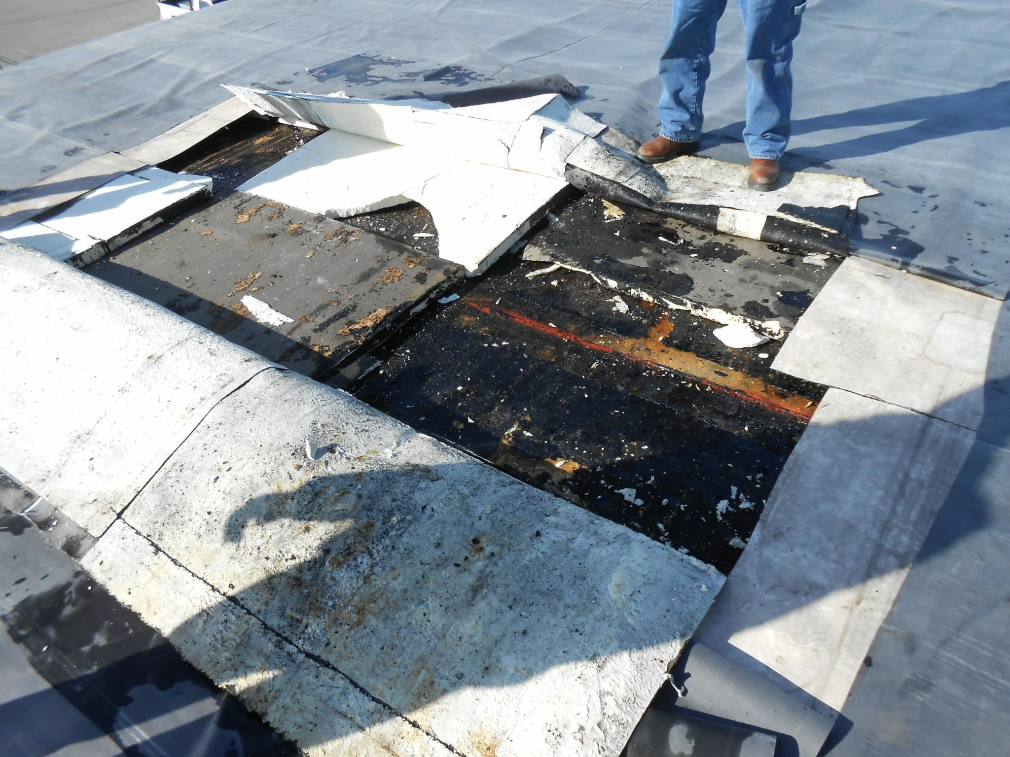 Person inspecting a roof with damaged and torn roofing materials.