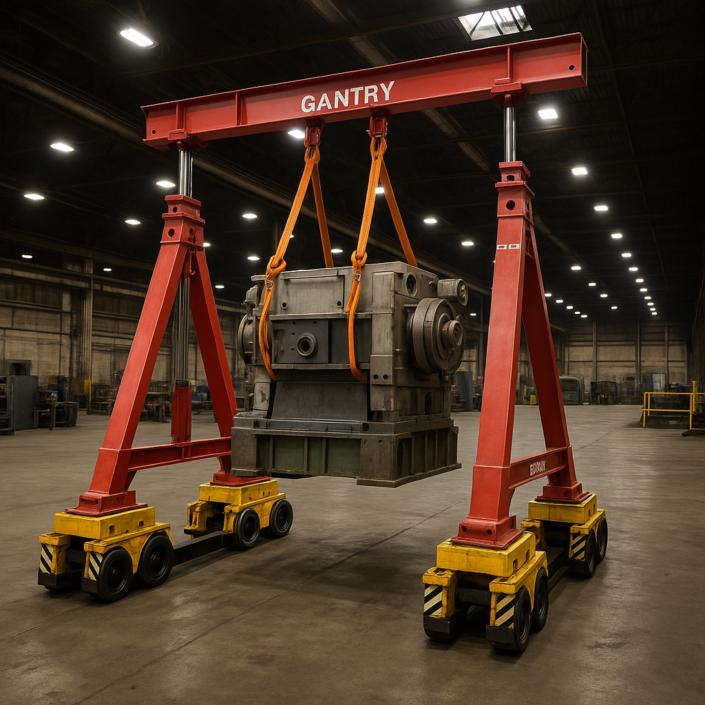 A large industrial engine suspended by a red gantry crane inside a warehouse or factory.