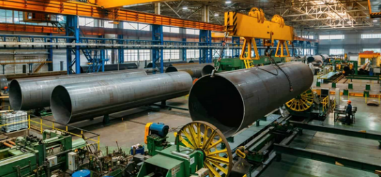 Large industrial warehouse with giant steel pipes, machinery, and a yellow overhead crane.