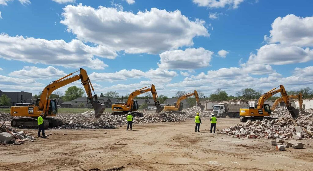 Multiple excavators and a dump truck on a construction site demolishing a building with debris and rubble around.