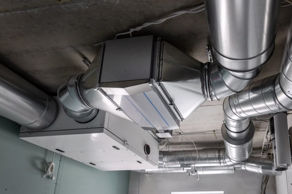 Industrial HVAC ductwork system installed on a ceiling with metal pipes and vents.