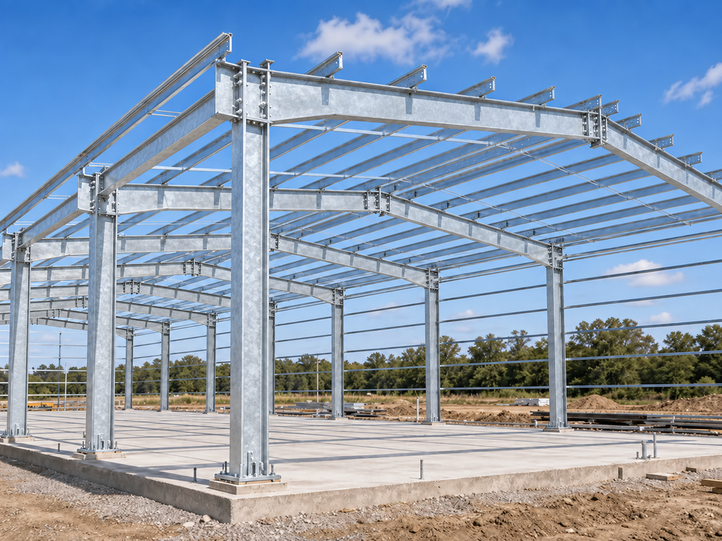 Steel framework for a building under construction with a concrete foundation and blue sky background.