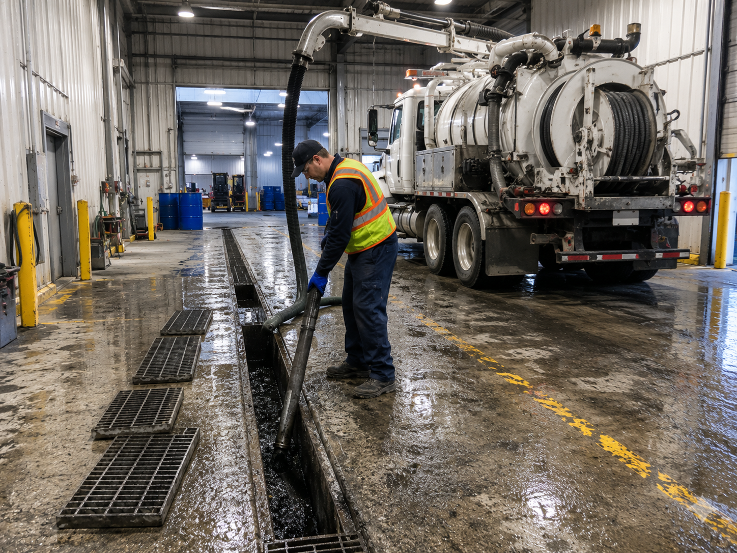 Worker in safety vest and gloves cleaning industrial drain in warehouse with vacuum hose, large vacuum truck nearby, blue barrels in background.