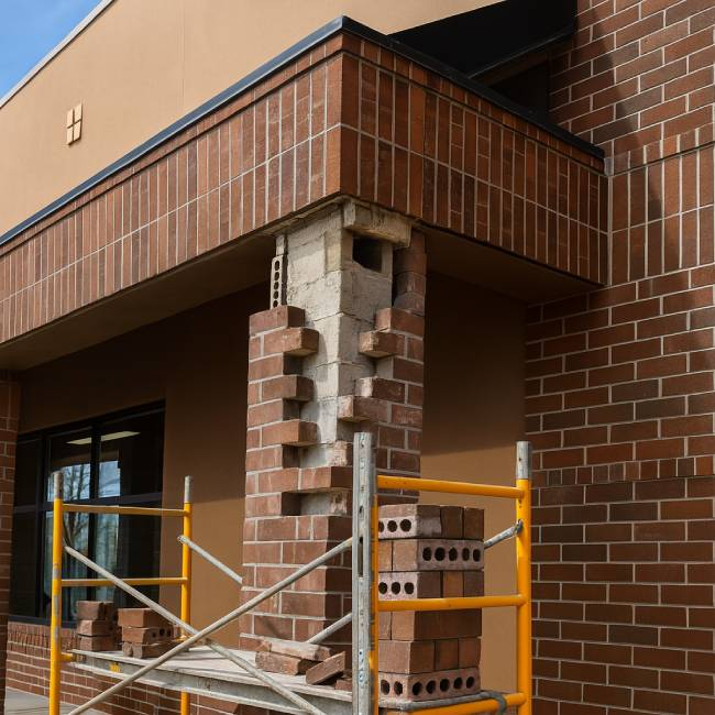 Building exterior with unfinished brickwork and scaffolding.