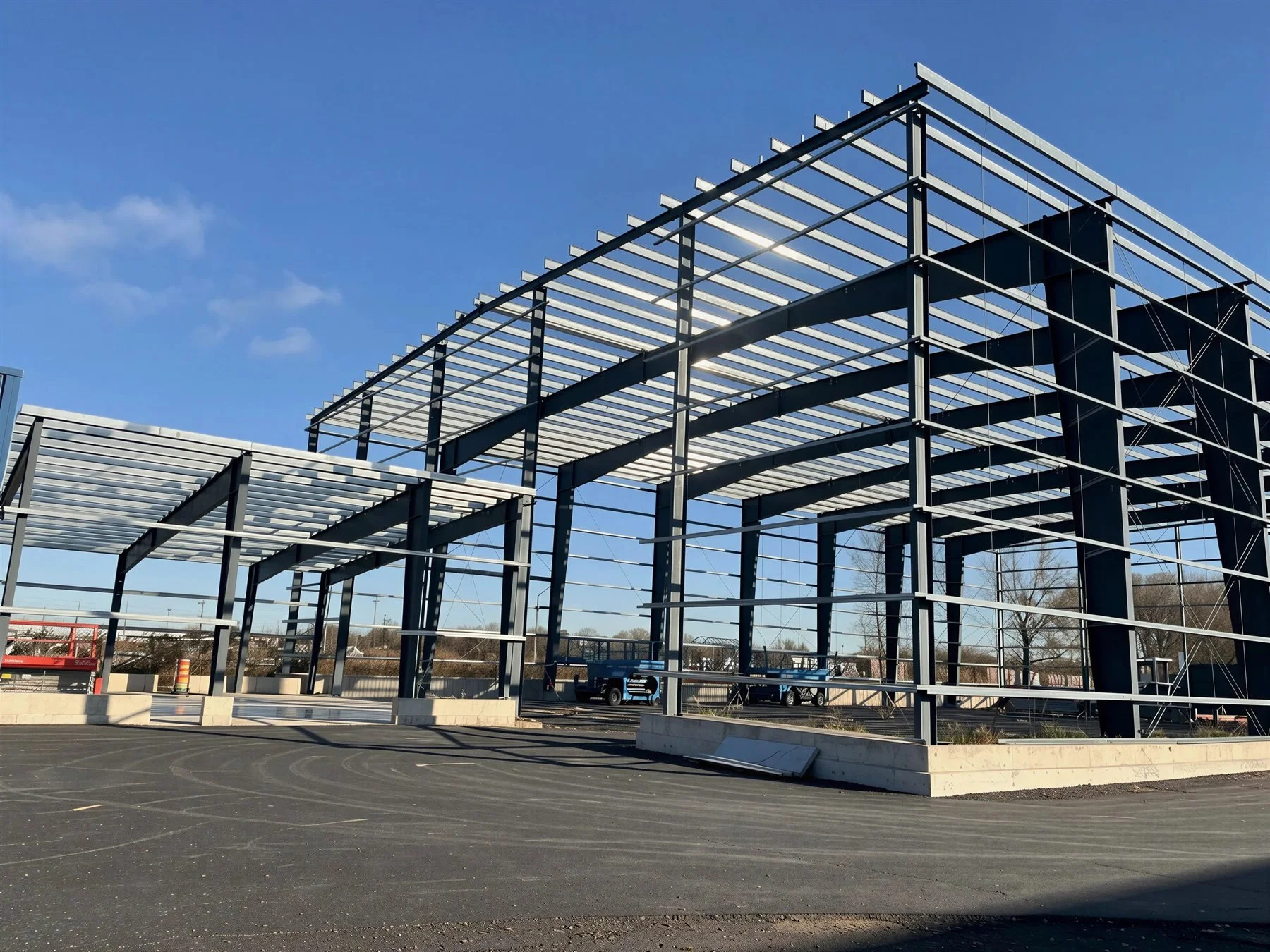 Steel framework of a building under construction, with metal beams forming the structure against a clear blue sky.