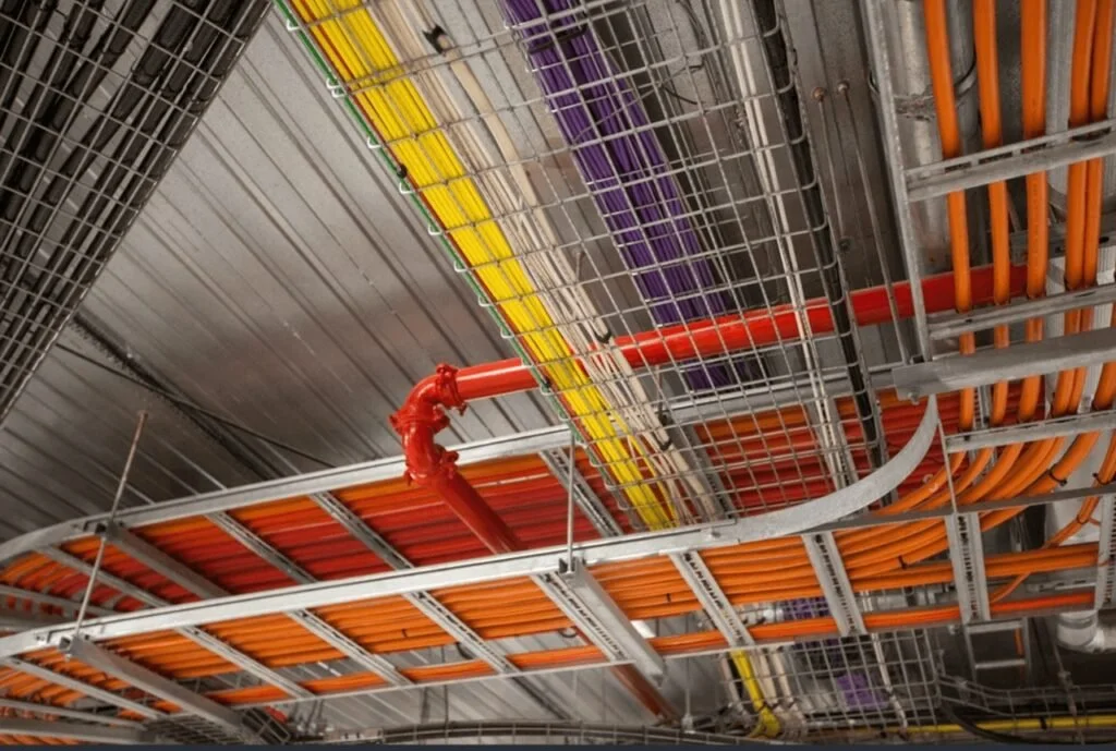 View of industrial ceiling with orange, yellow, purple, and red conduit pipes and metal cable trays.