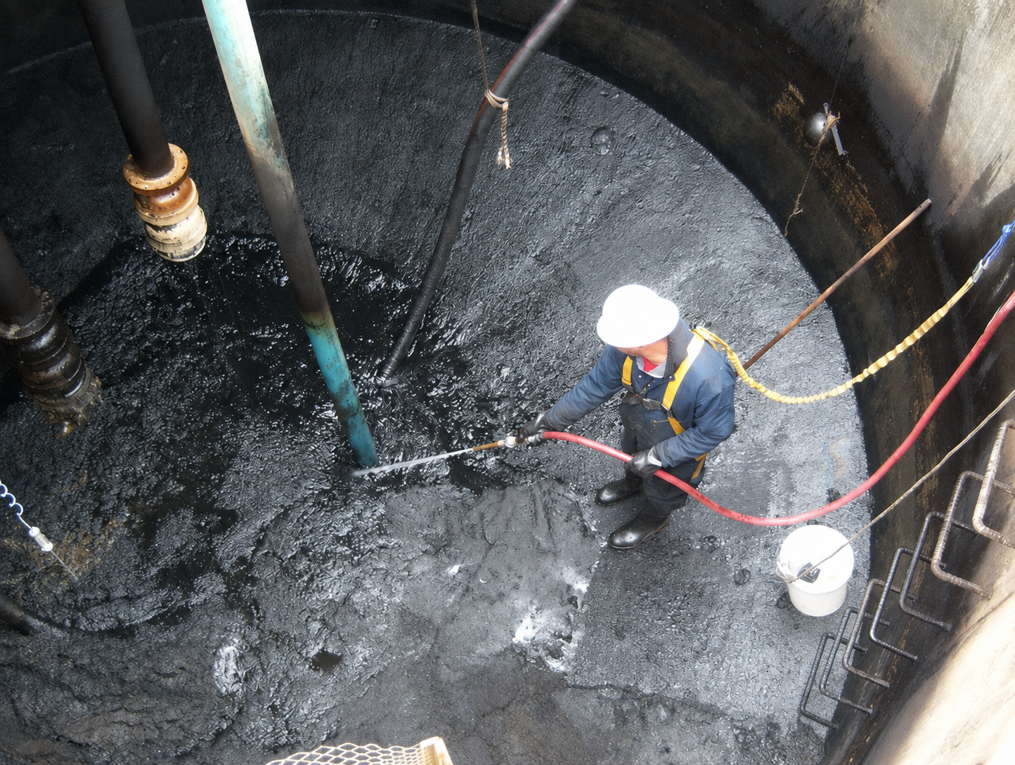 Worker standing in a large industrial tank, wearing a white hard hat, waterproof boots, and a blue and yellow safety harness, while cleaning or inspecting the black, tar-like surface inside the tank with a hose.