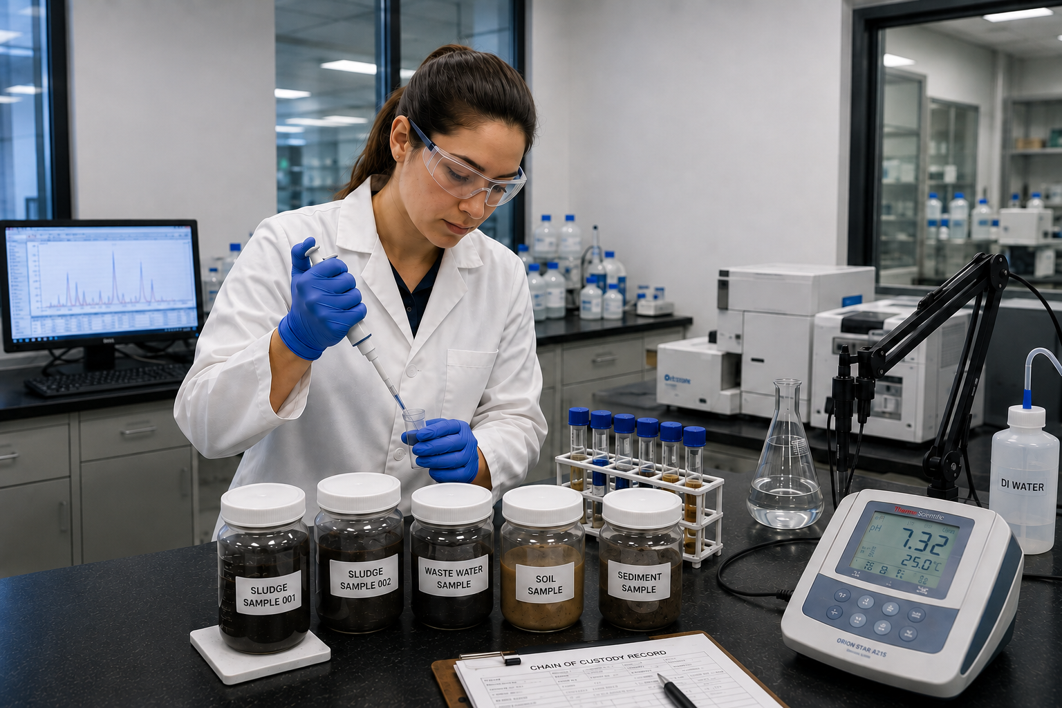 Female scientist working with lab samples in a laboratory, using a pipette to transfer liquid into a test tube.