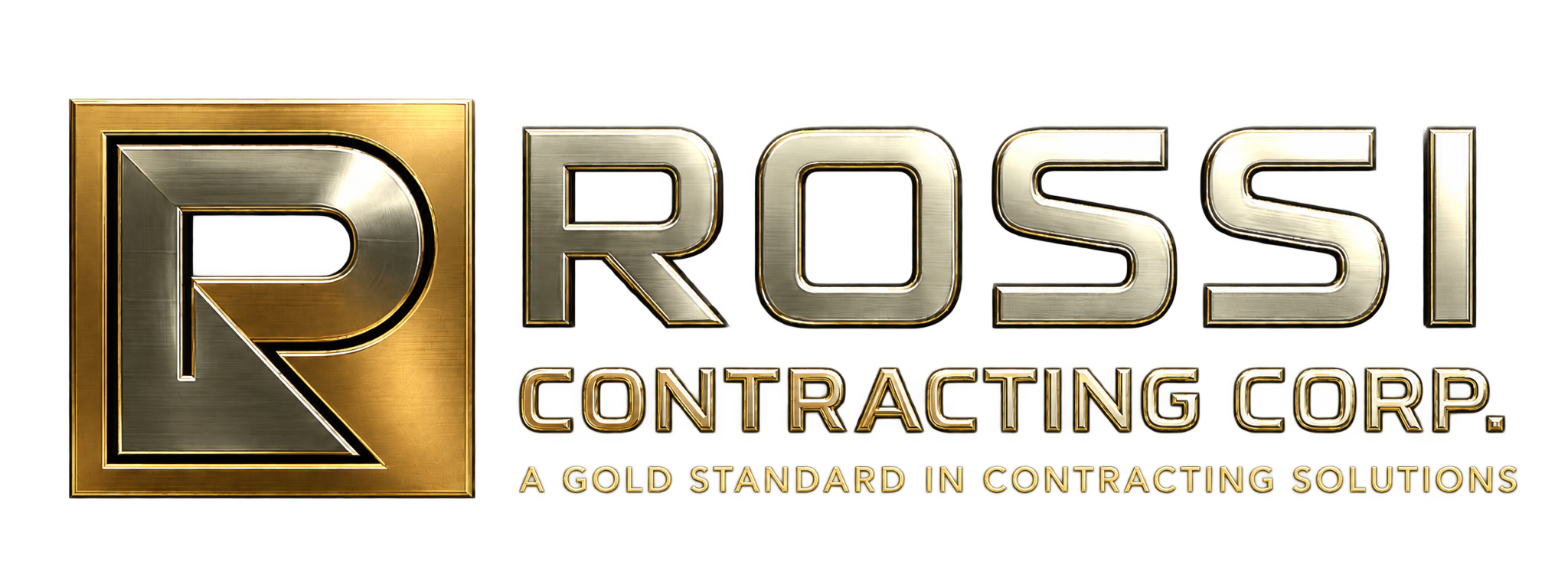 Logo for RROSSI Contracting Corp. featuring a gold and silver 3D letter R, with the tagline 'A gold standard in contracting solutions'.