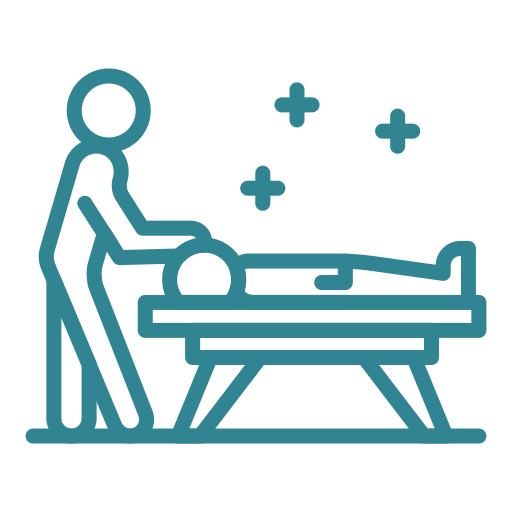 A medical professional giving a massage to a patient lying on a massage table, with medical symbols around.